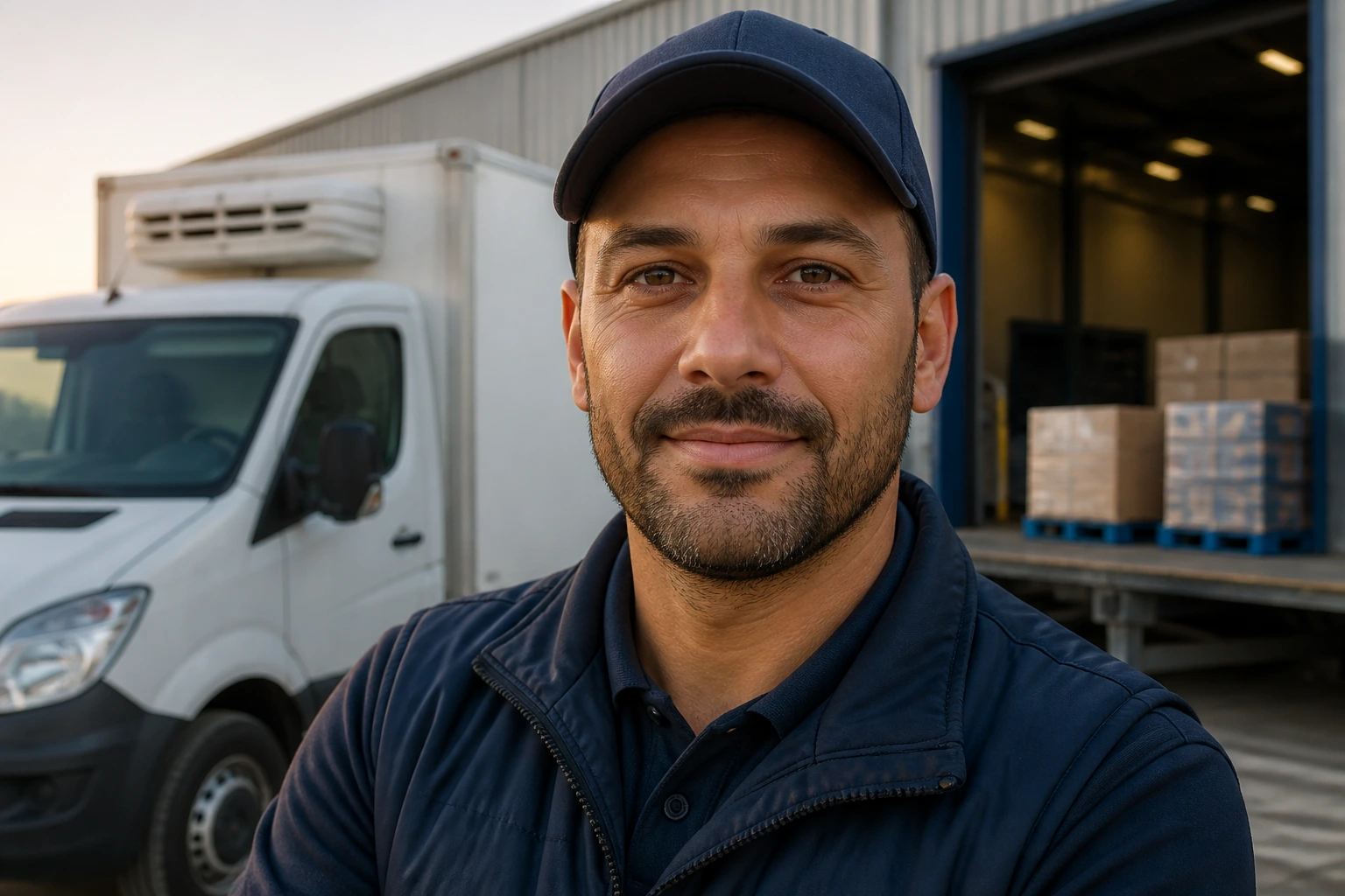 Close-up portrait of a delivery driver in a uniform at a warehouse dock.
