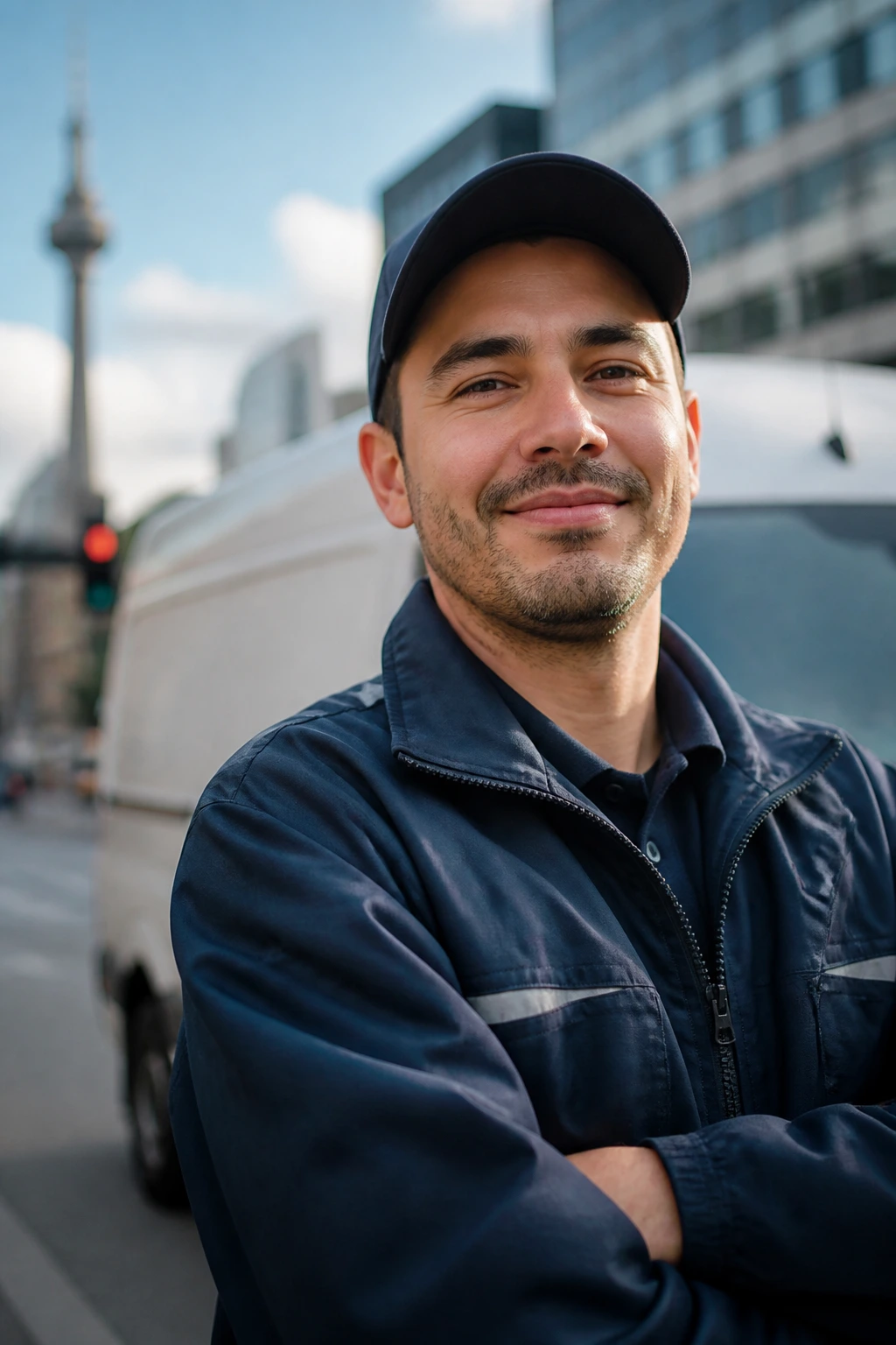 Portrait of a delivery driver in uniform beside a cargo van on a city street