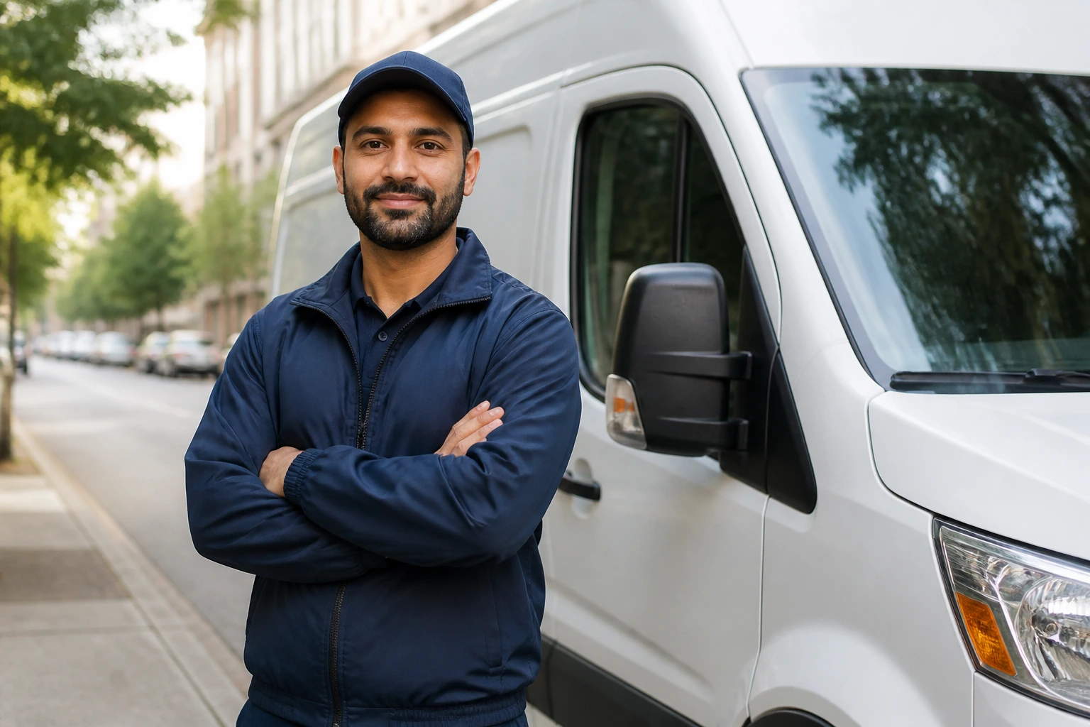 Delivery driver in uniform beside a van on a city street