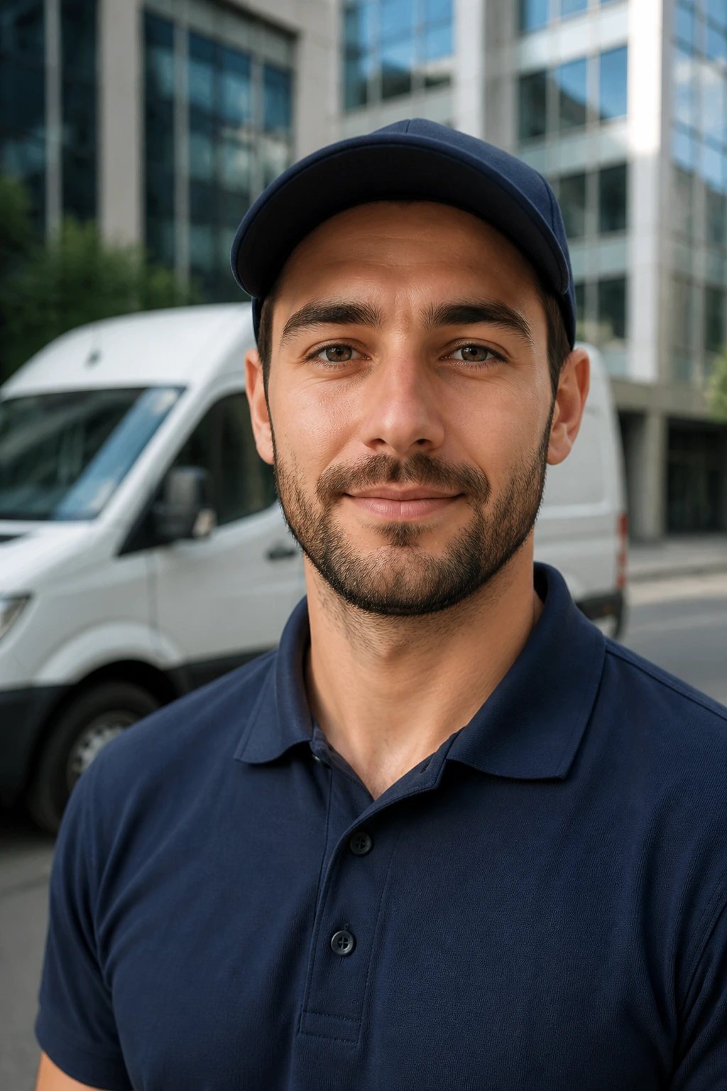 Close-up portrait of a real delivery driver in plain uniform ready to apply for opportunities in Canada