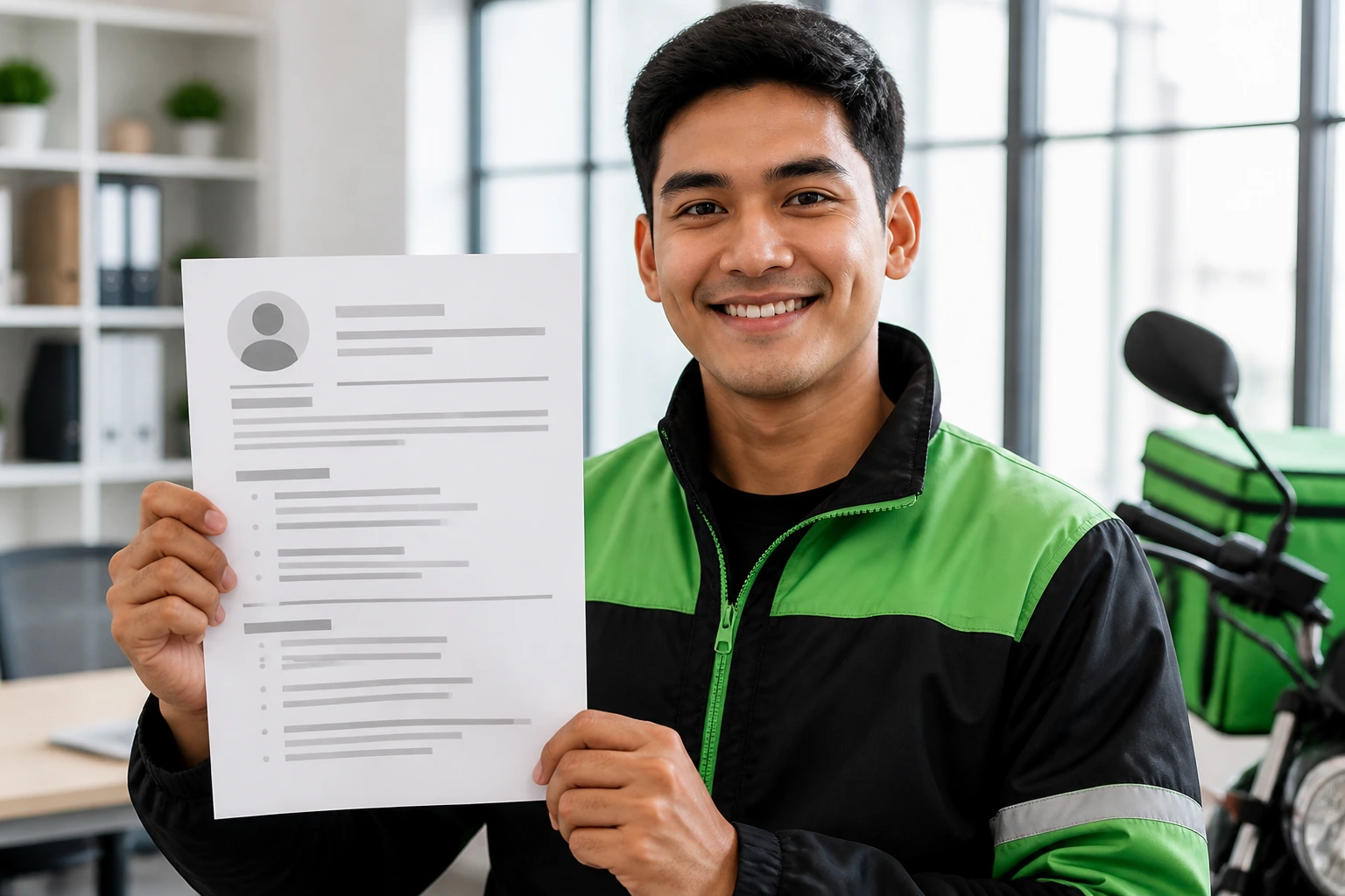 Person holding a clean CV mockup with abstract lines, no readable text.