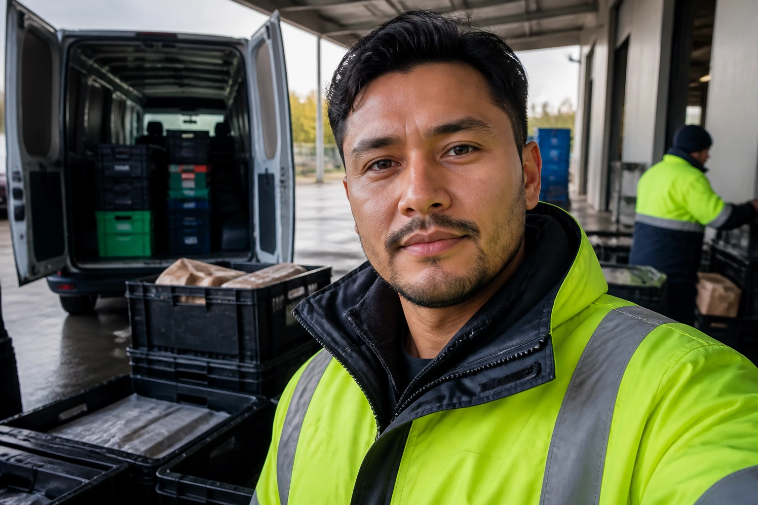 Delivery driver in hi-vis jacket at depot