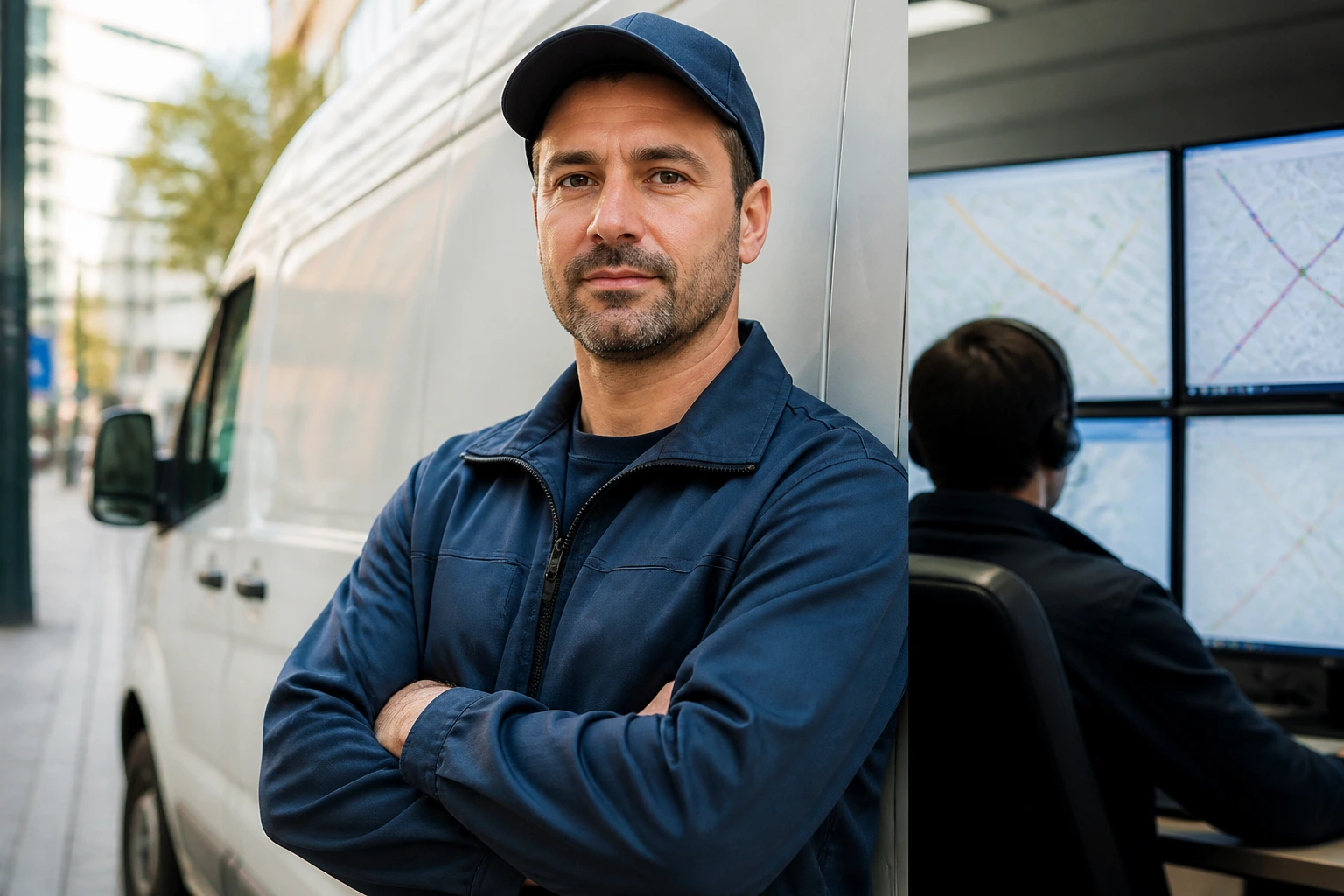 Portrait of a delivery driver beside a plain van illustrating employee route work.