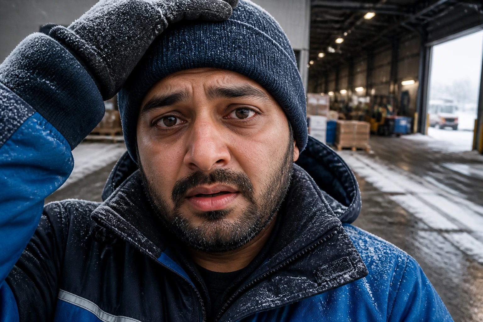 Close-up of a delivery driver in winter gear at a depot loading area