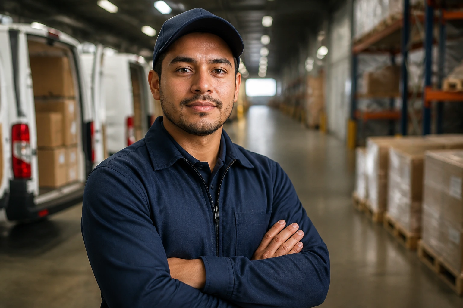 Delivery driver in uniform in a warehouse, illustrating career progression to leadership roles.