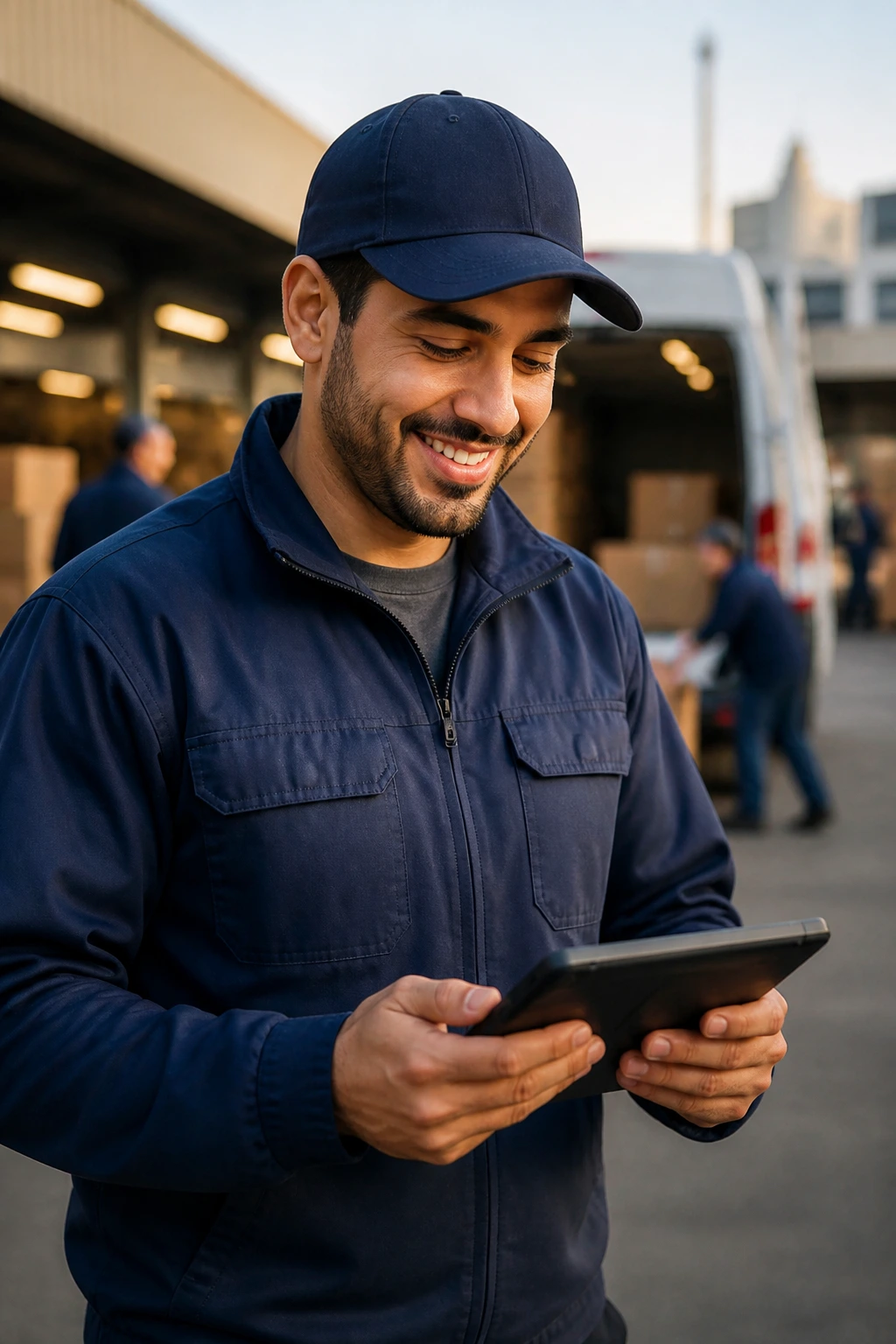 Driver showcasing transferable skills with a handheld device in a logistics setting