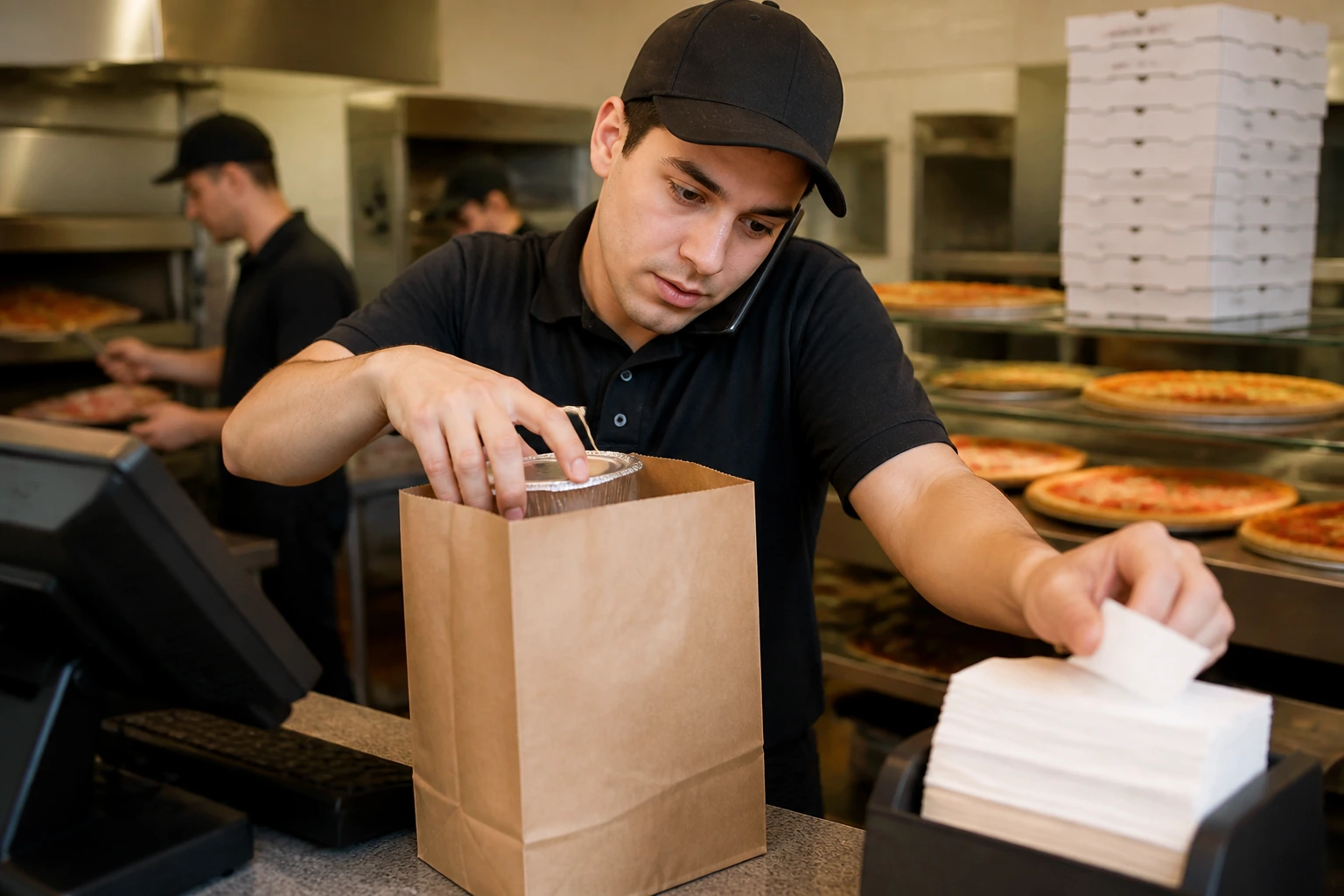 Worker performing multiple tasks at a pizza shop counter