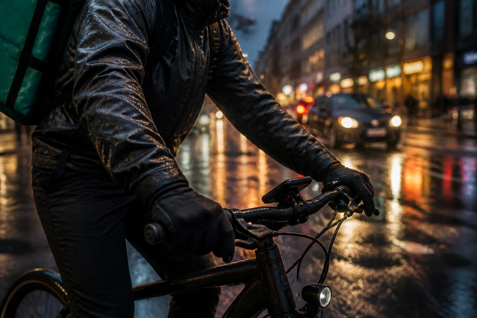 Close-up of a delivery rider's hands on the handlebars on a wet city street