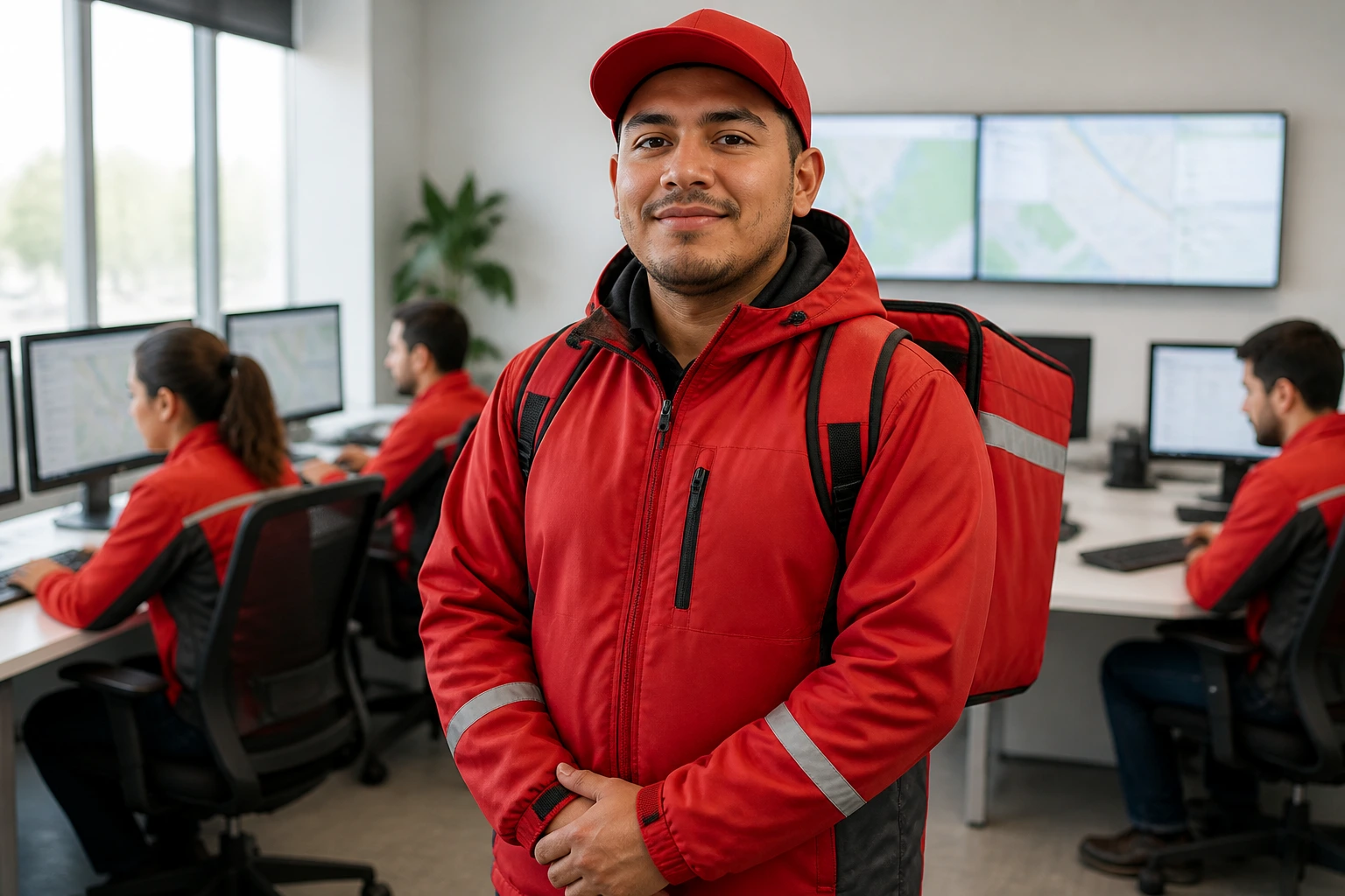 Portrait of a delivery driver in uniform in a dispatch office, representing employee roles in visa-sponsored delivery jobs
