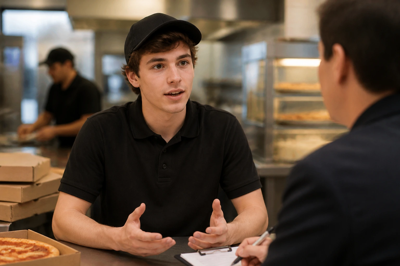 Delivery job candidate in a pizza shop interior, mid-shot