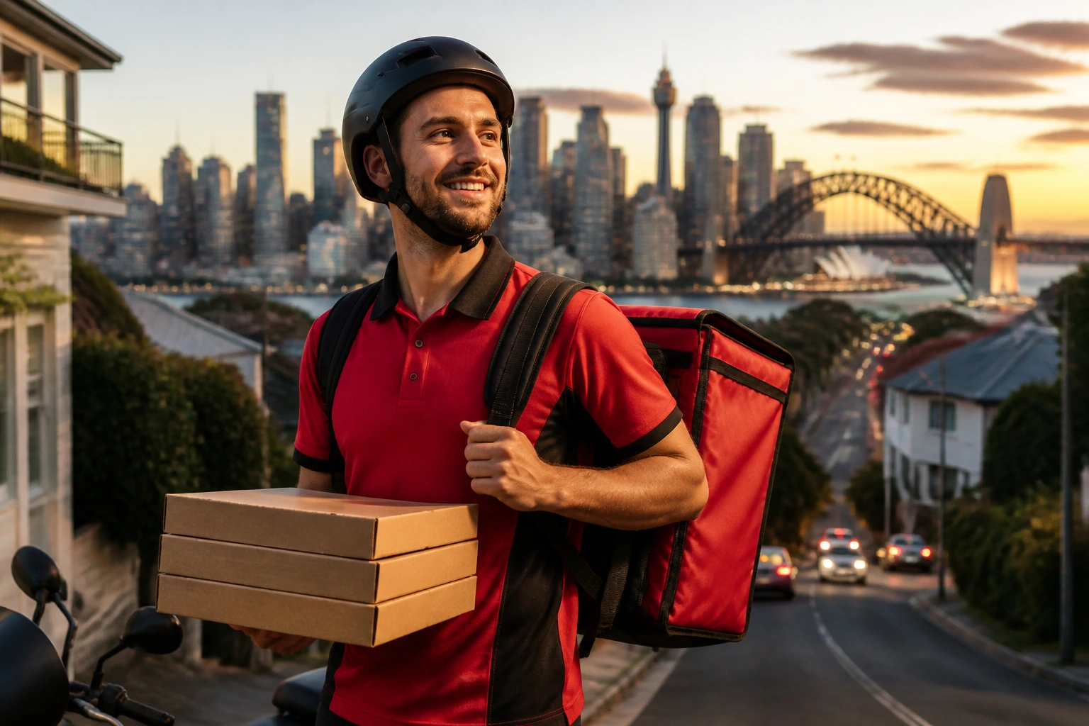 Delivery rider in uniform on street with cityscape behind