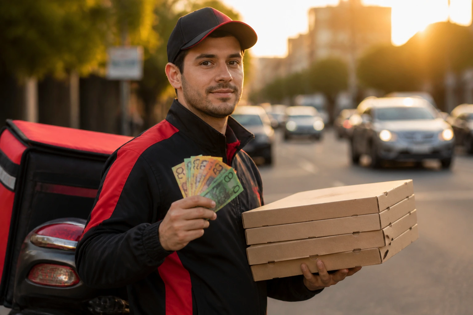 Delivery driver in uniform examining route on smartphone with city street at golden hour behind