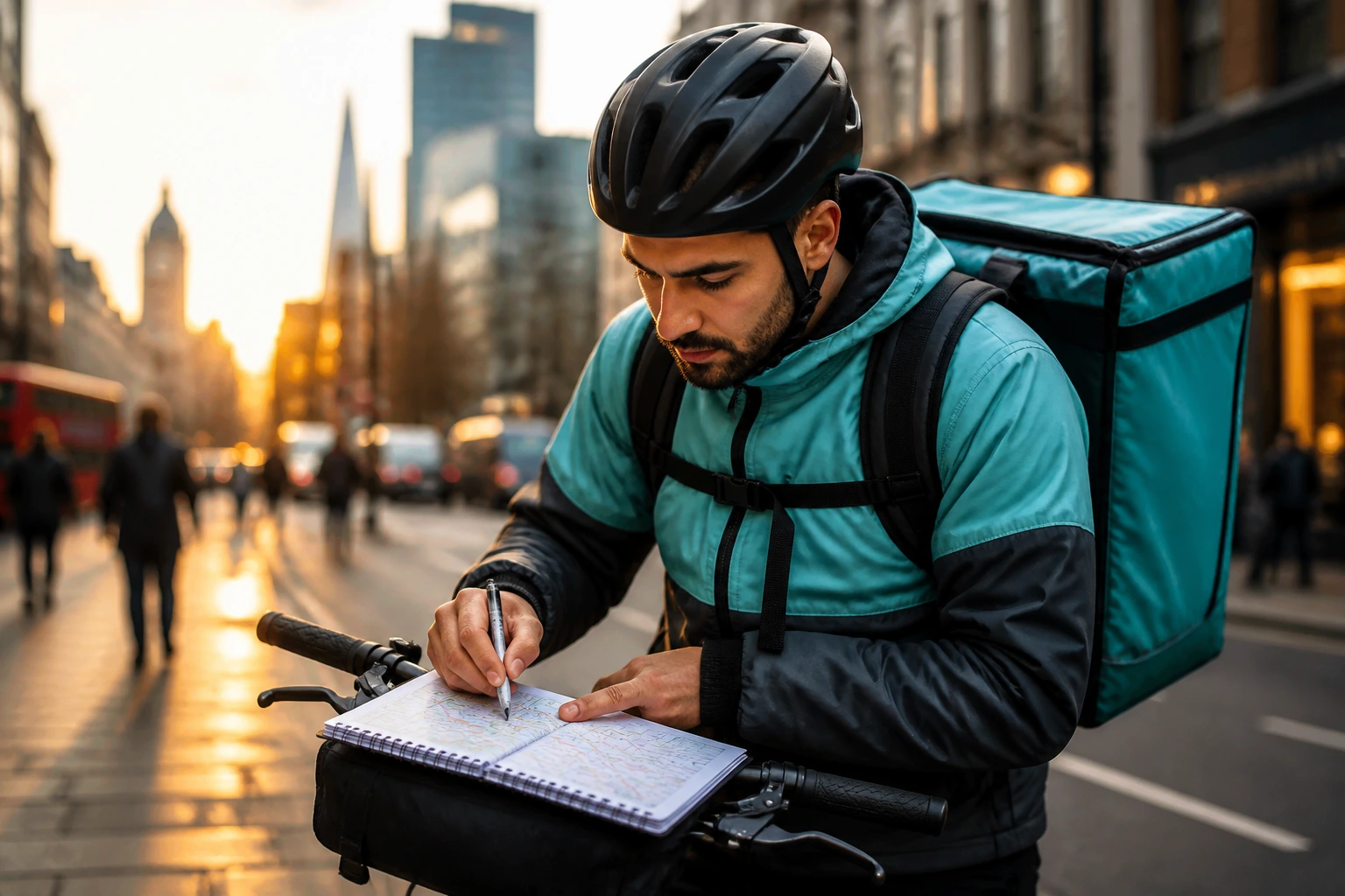 Delivery rider planning routes in a busy city to maximize earnings.