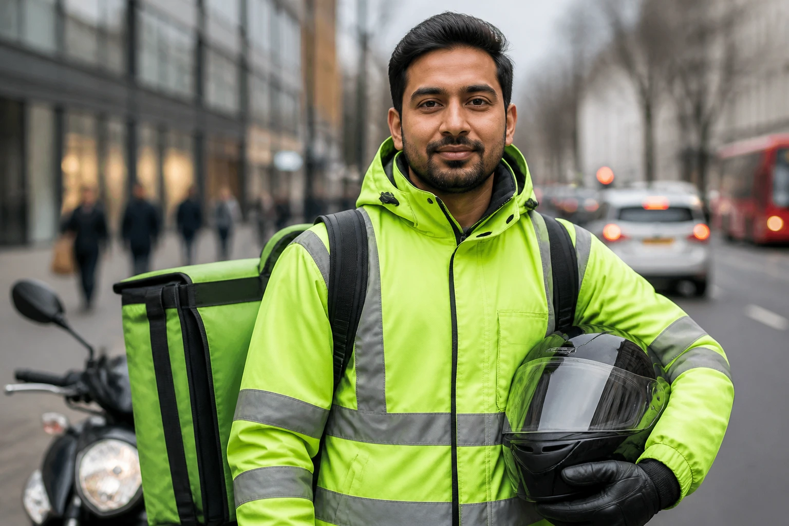Close-up portrait of a delivery rider in urban setting highlighting accessibility and appeal