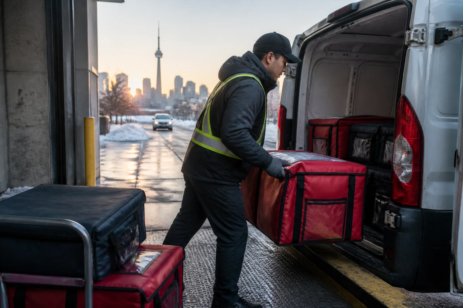 Delivery driver loading insulated bags into a van at dawn