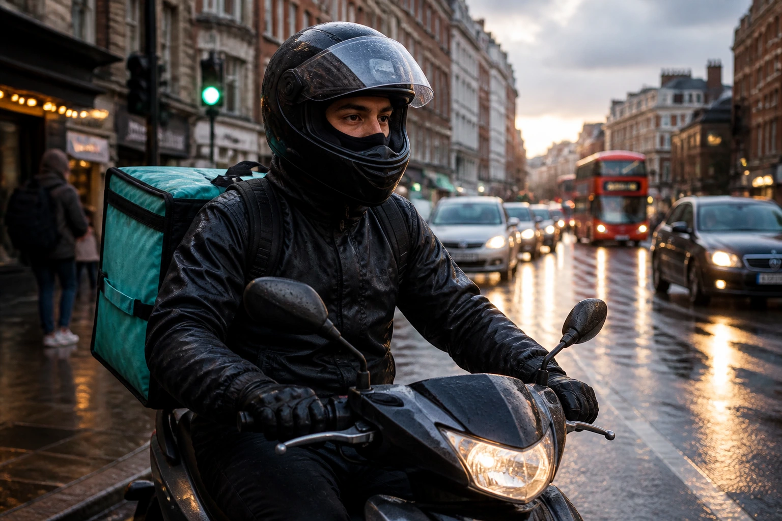 Rider on scooter navigating a busy UK street during a typical shift