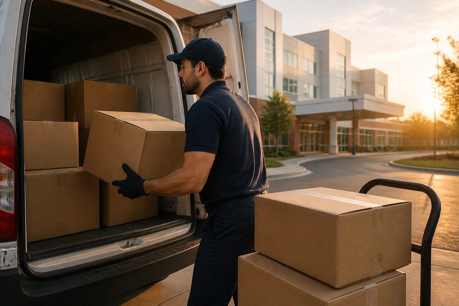 Delivery driver loading a van at dawn in a campus setting