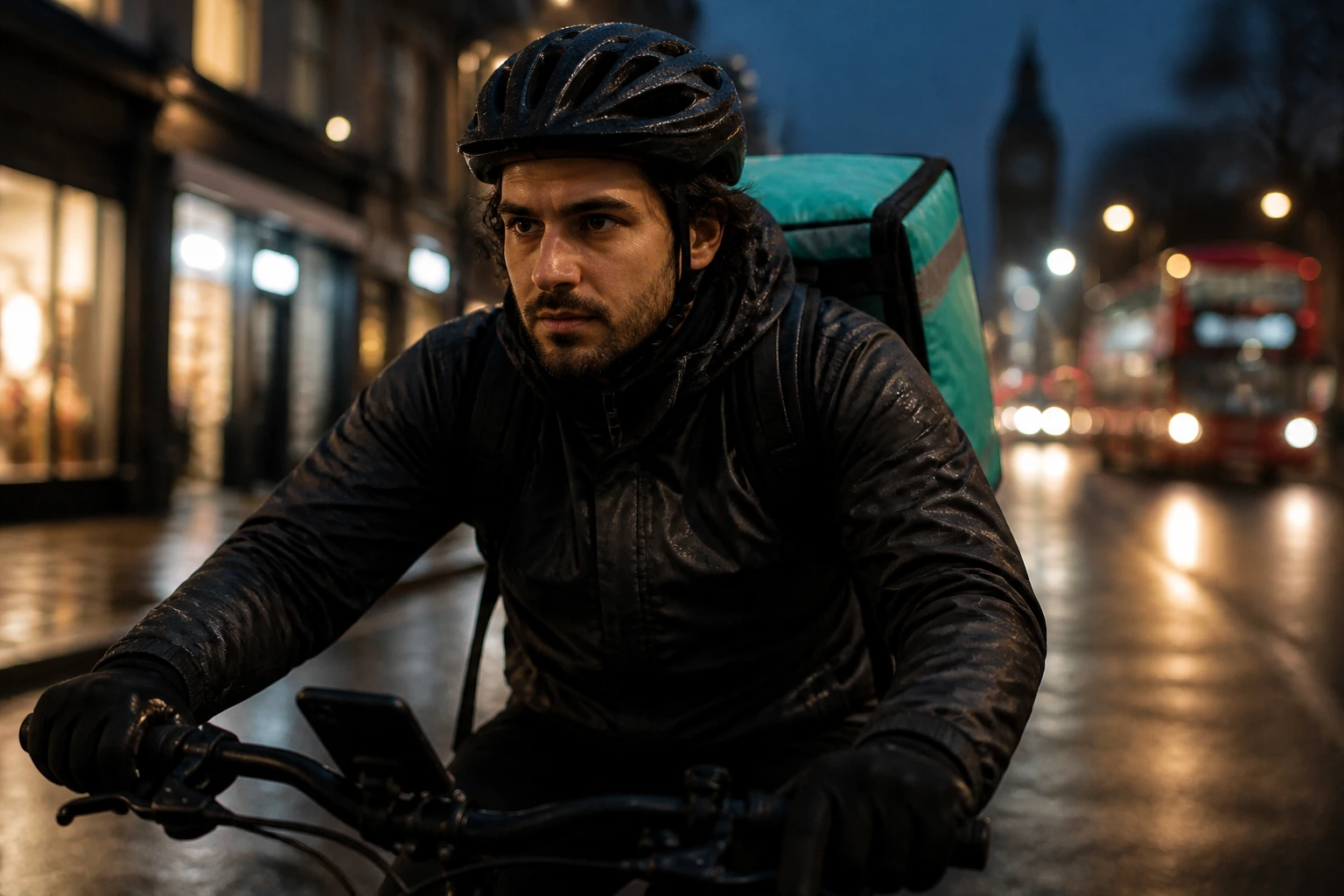 Medium close-up of a bicycle delivery rider on an urban street during a dimly lit shift
