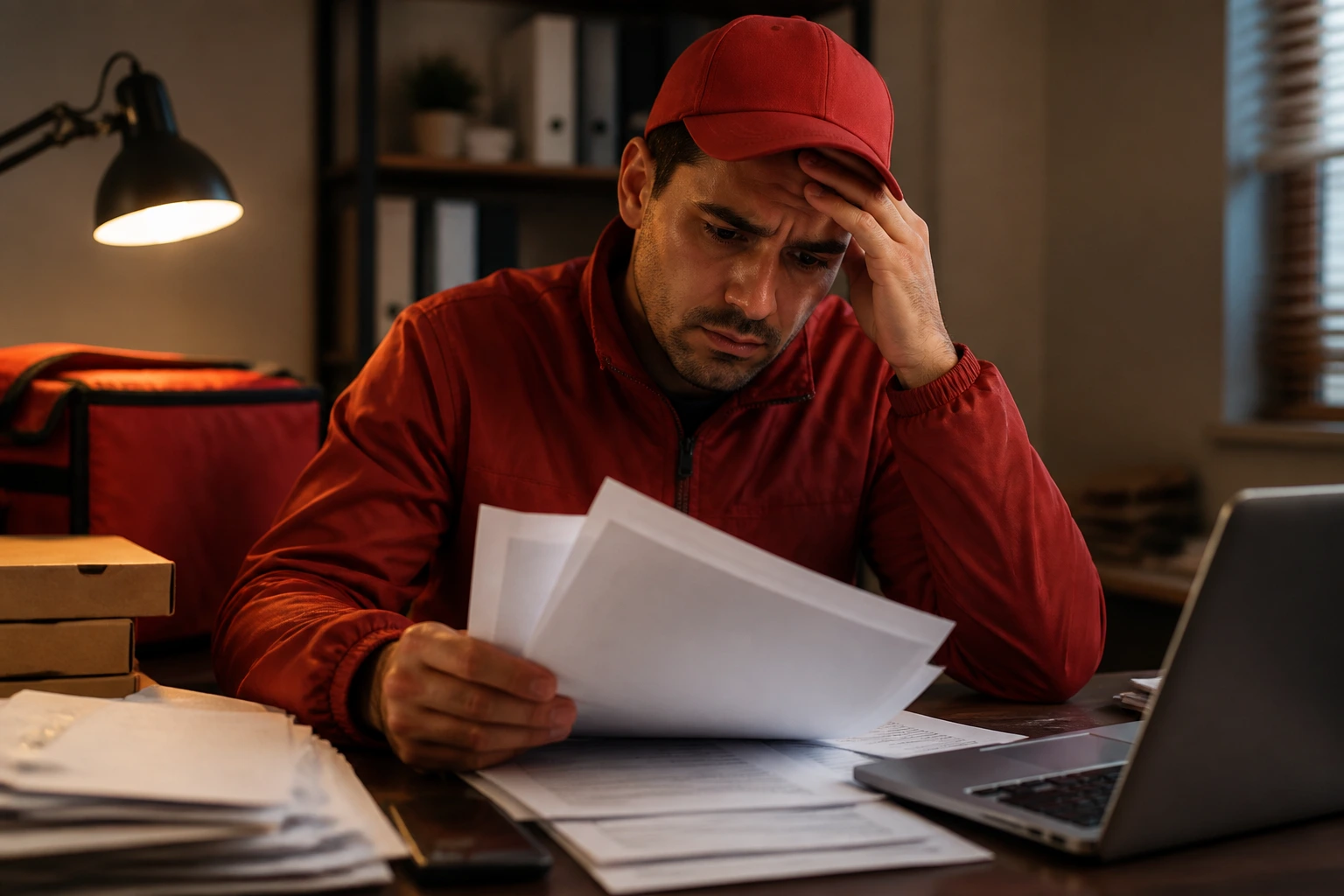Close-up of delivery driver examining unmarked documents in an office, illustrating sponsorship pitfalls.