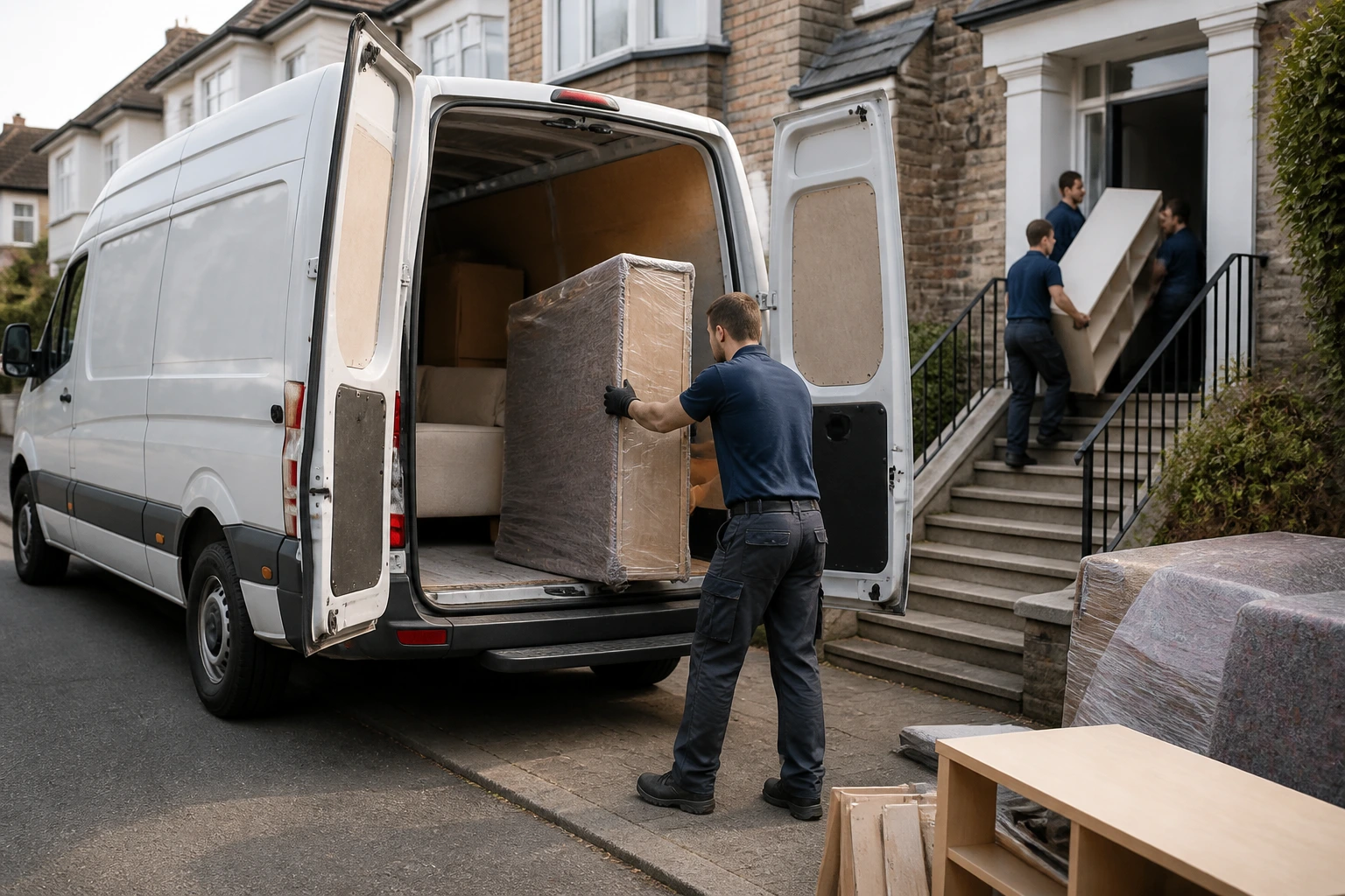Delivery van scene with installation work in a driveway