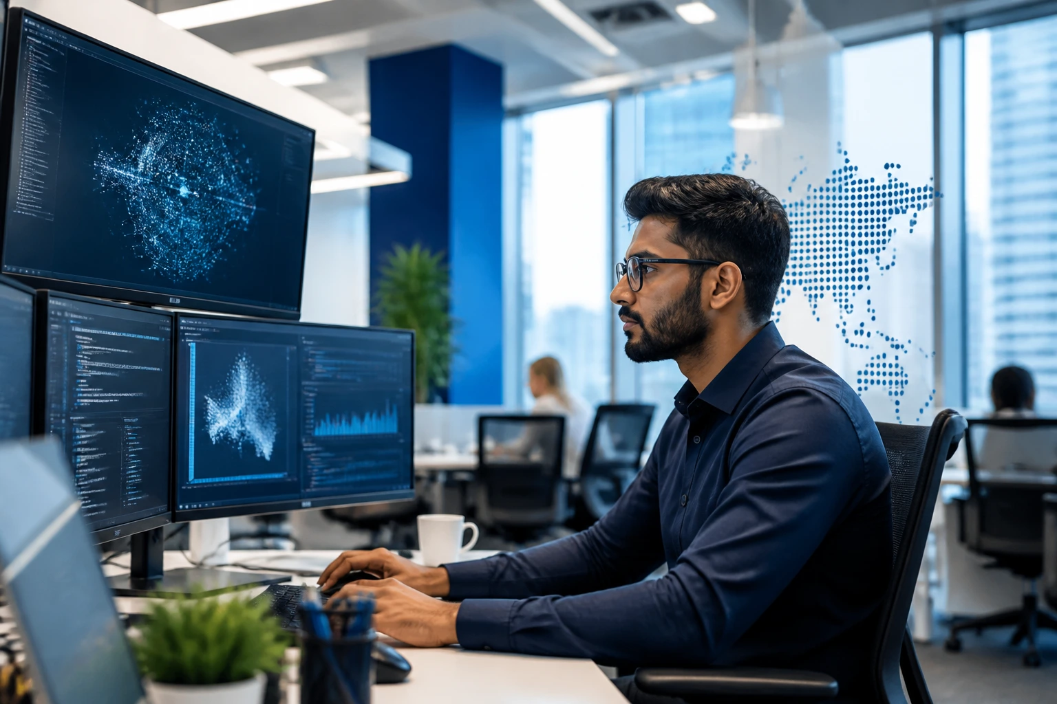 Close-up portrait of a Deloitte data engineer in a modern tech workspace.