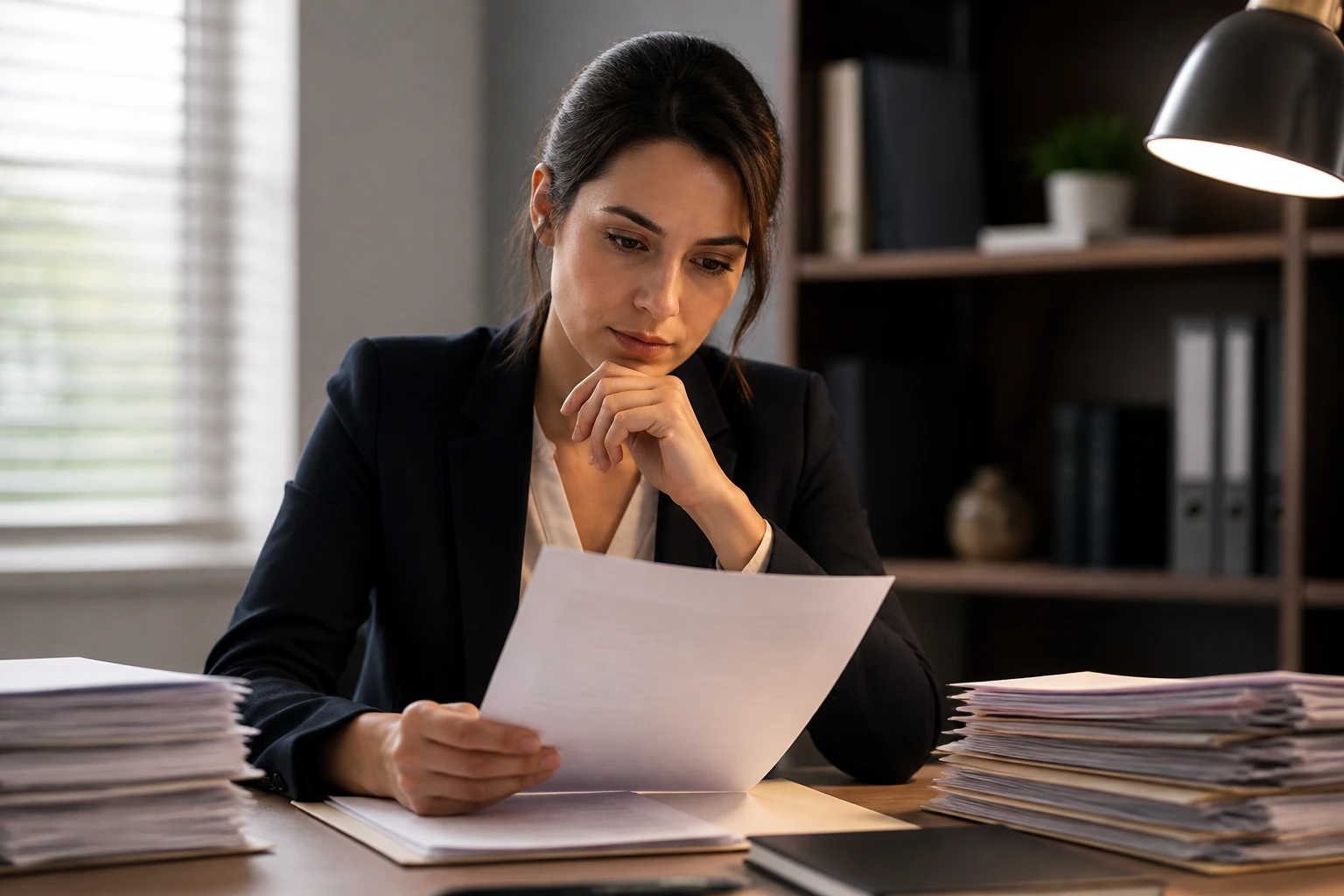 Professional reviewing documents in a calm office about denials and appeals (no text on documents)