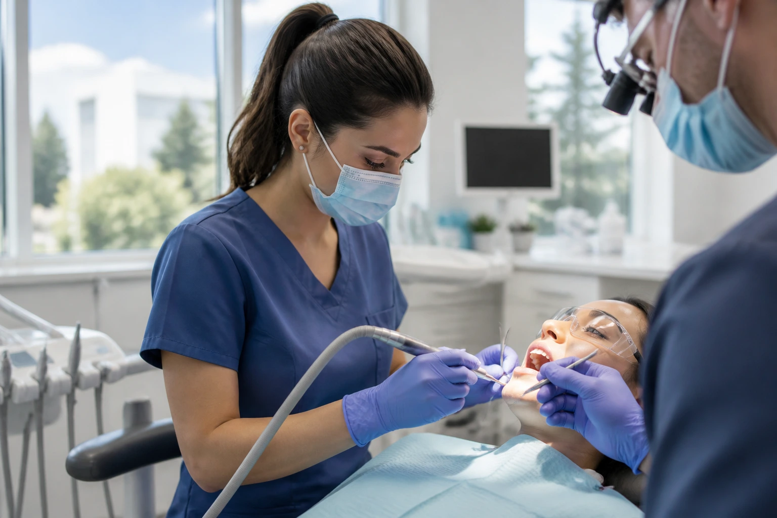 Close-up of a dental assistant's gloved hands at chairside in a Canadian clinic