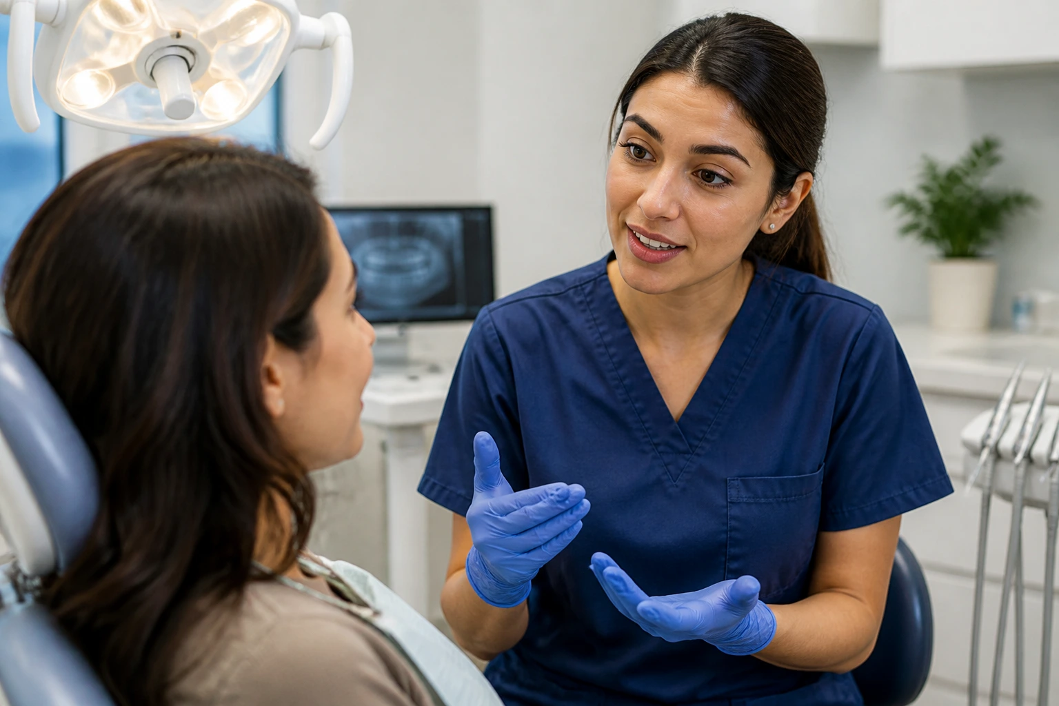 Dental hygienist communicating with patient in a modern clinic