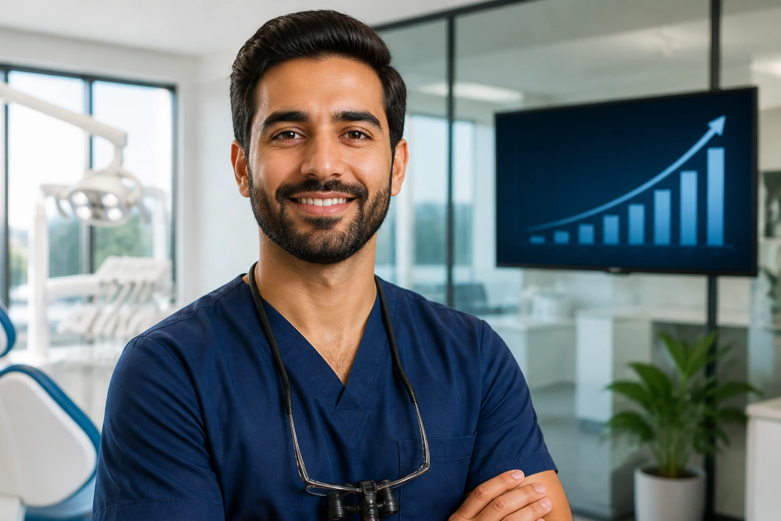 Portrait of a dentist in a modern clinic with a growth chart in the background symbolizing career advancement.