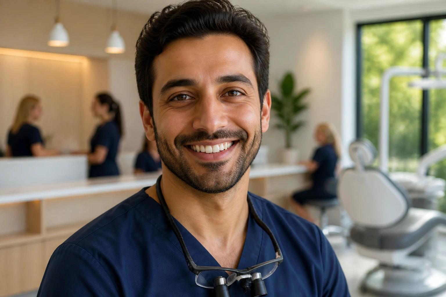 Close-up portrait of a dentist in a modern clinic showing professional integration and collaborative culture.