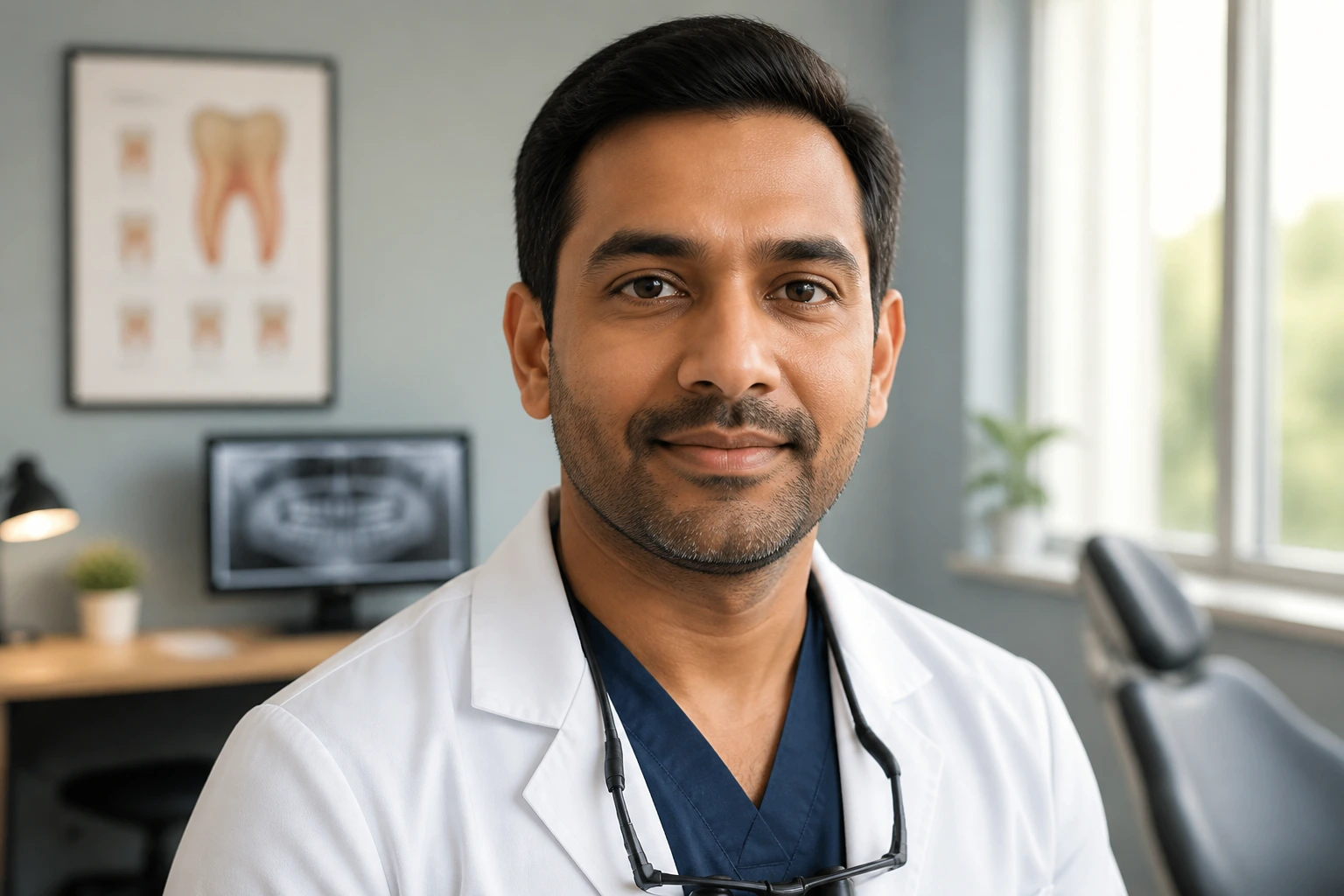 Close-up dentist portrait in clinic illustrating visa sponsorship concepts