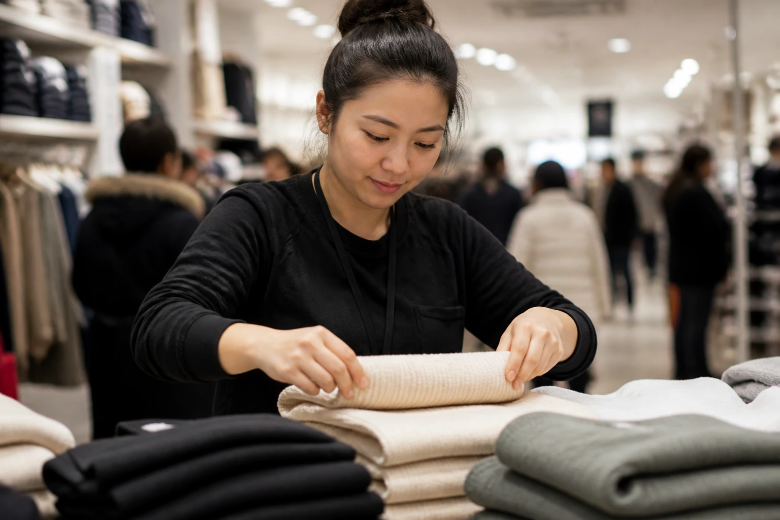 Close-up of a department store worker folding sweaters in a busy store