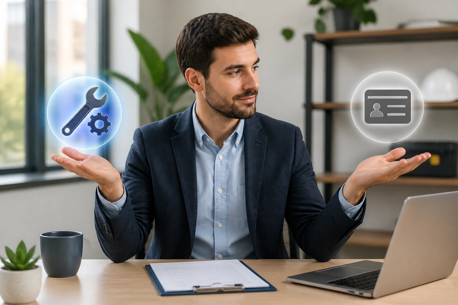 Professional in an office with icons representing depth vs generic experience