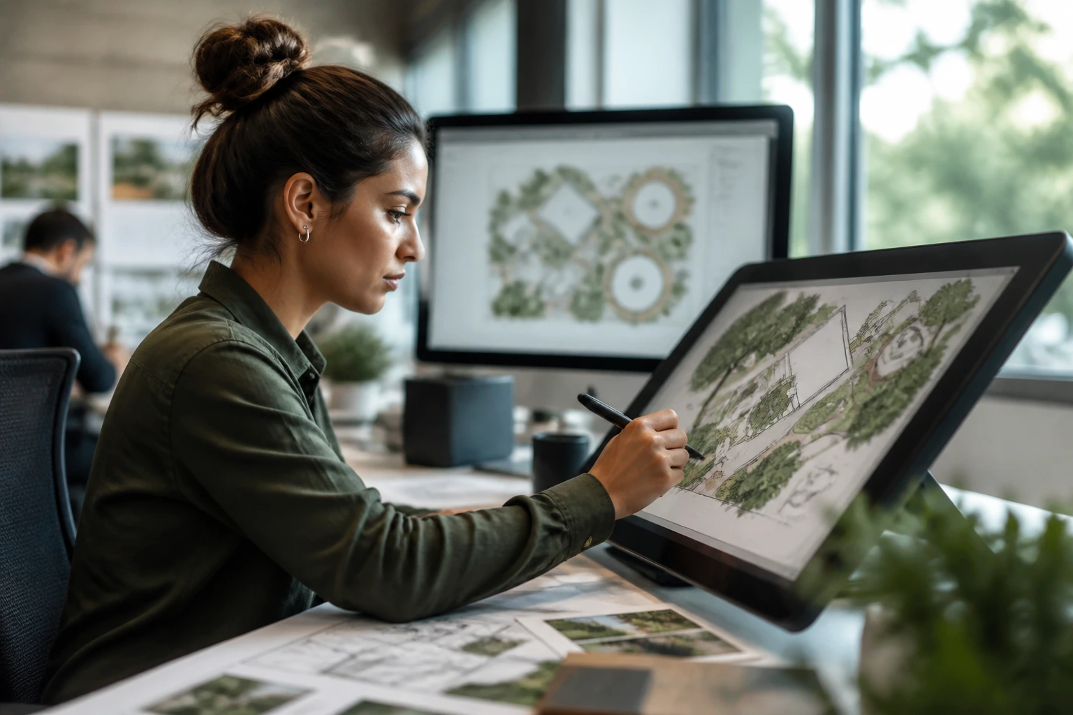 Portrait of a landscape designer in a design studio at a drafting tablet