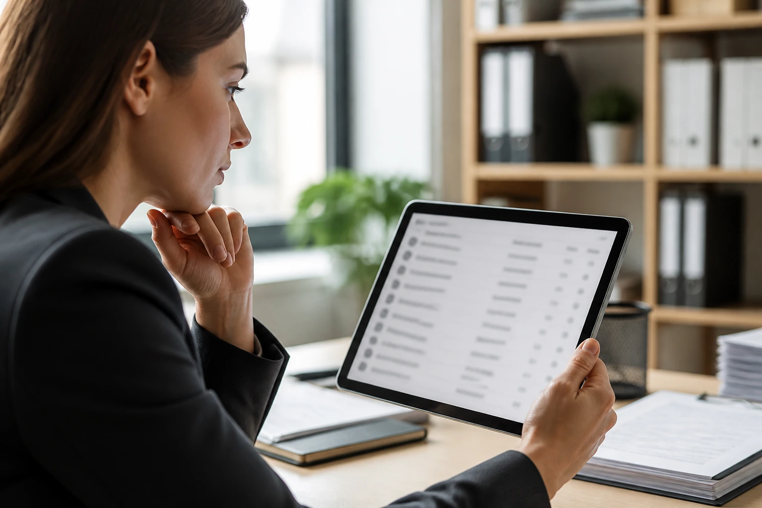 Close-up of a professional examining a blurred tablet list of designated employers