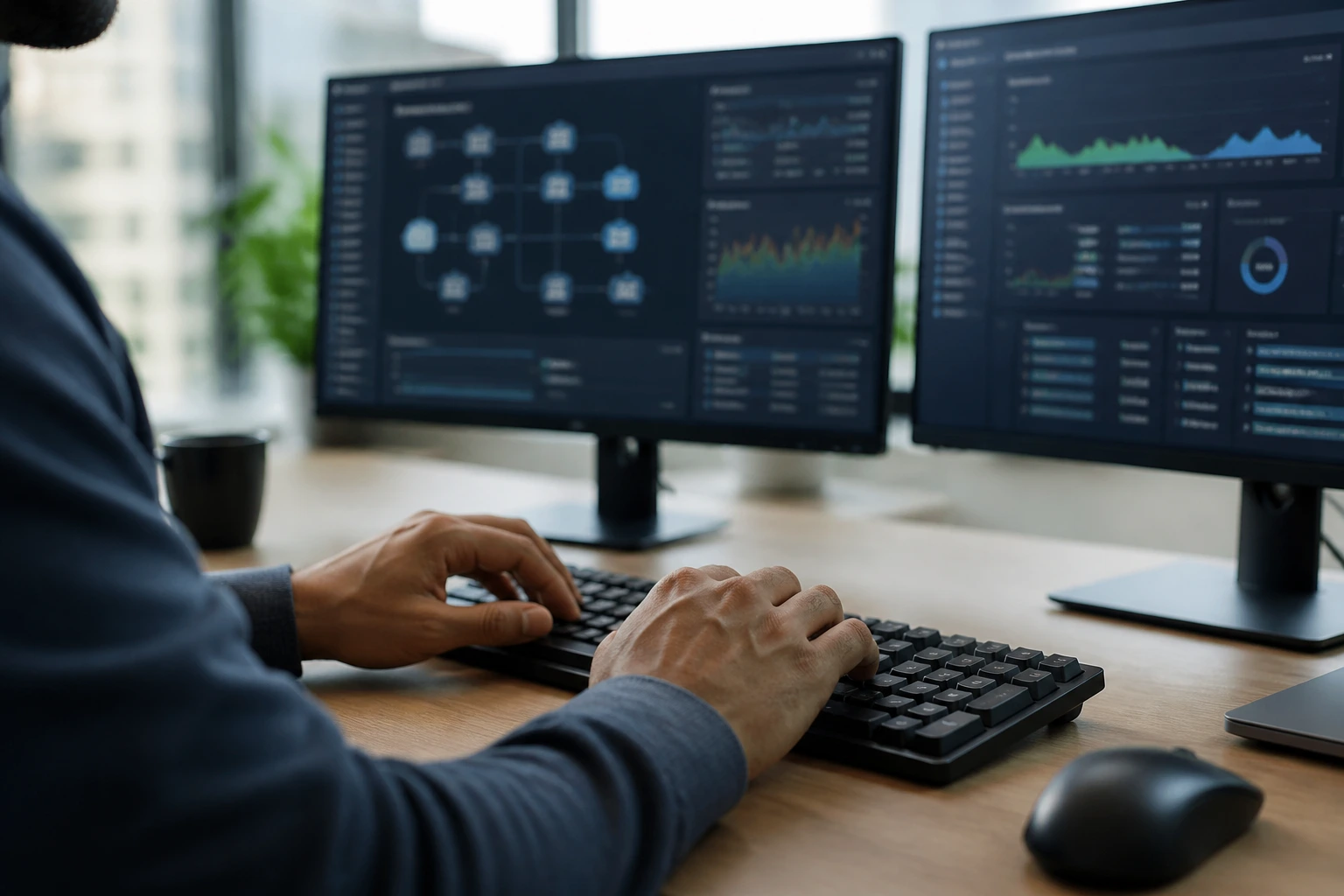 Close-up of DevOps engineer hands at keyboard with blurred dashboards in office