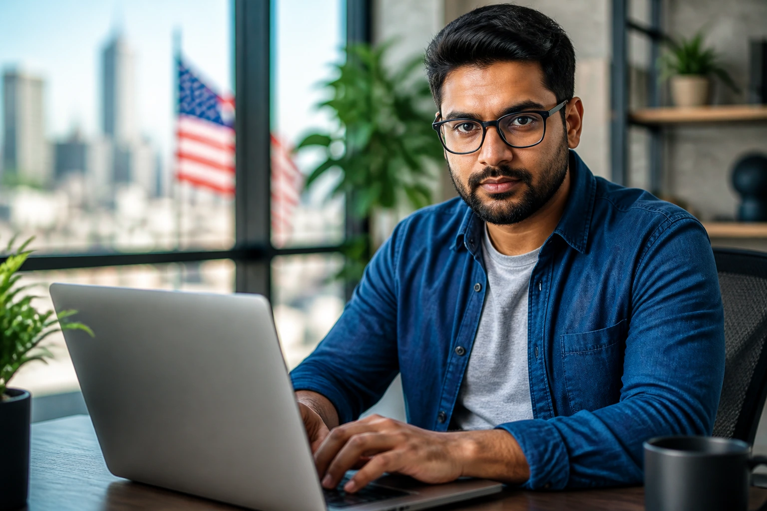 Close-up portrait of a DevOps professional in a modern office reviewing job listings on a laptop.