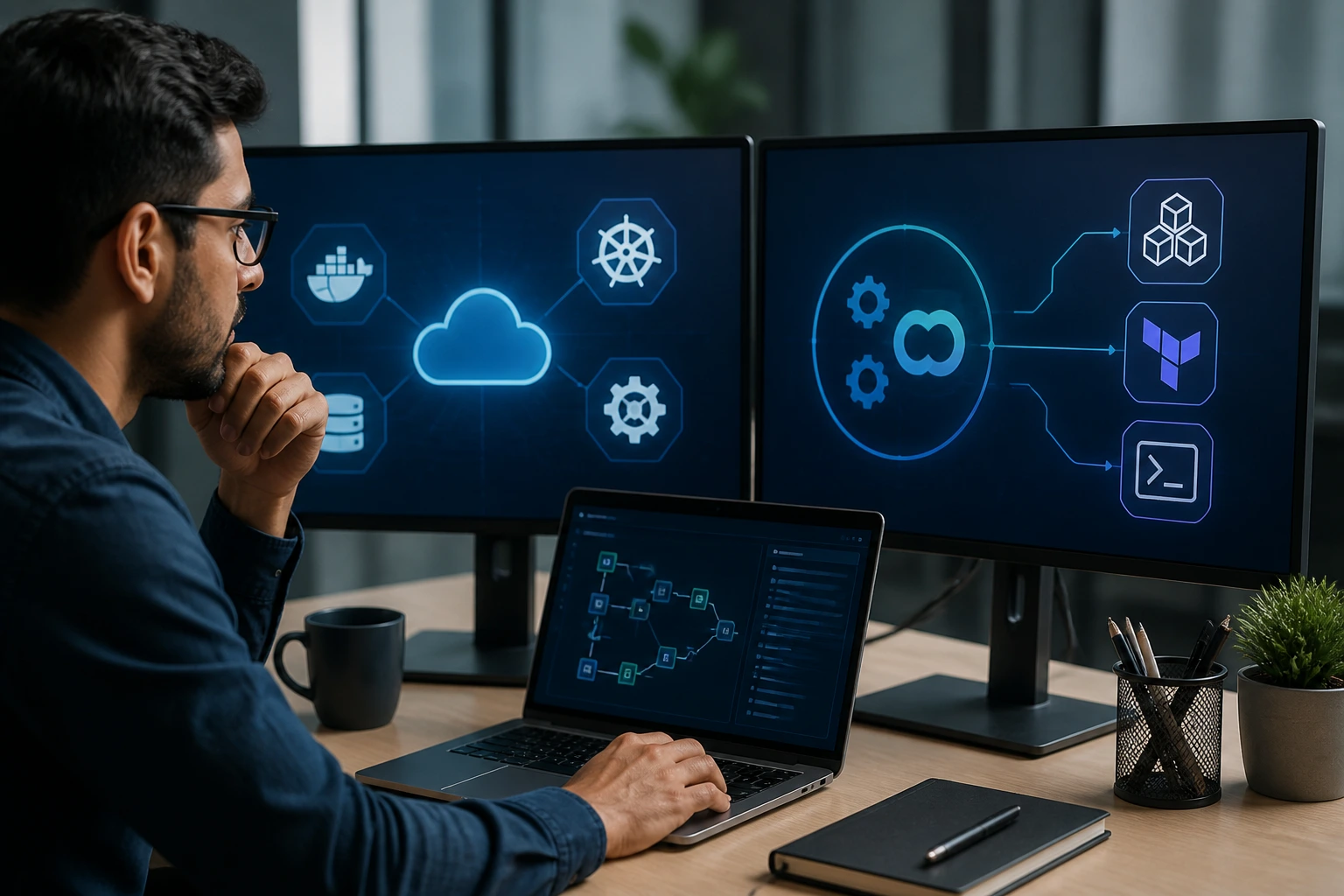 Professional at desk showcasing DevOps skills and decision-making