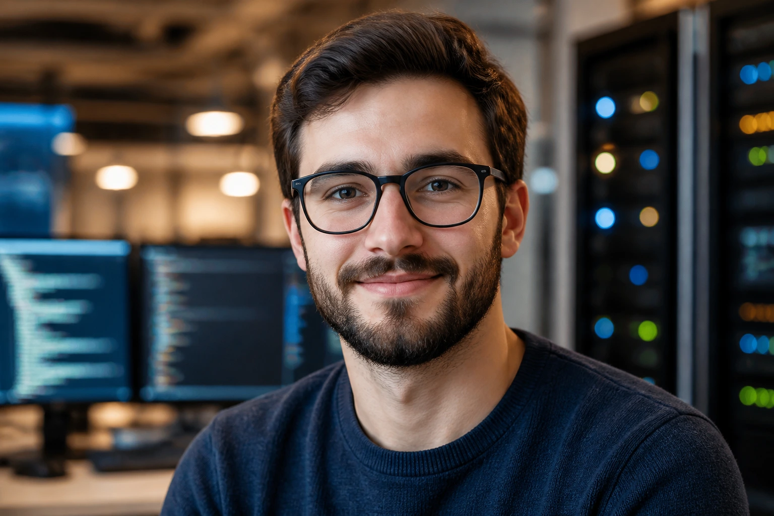 Close-up portrait of a real DevOps engineer in a modern tech office, emphasizing UK demand for DevOps talent