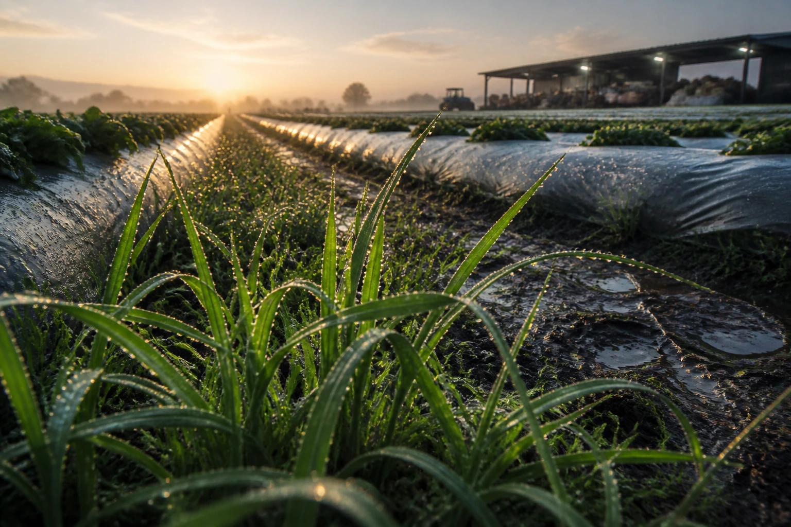 Close-up of dew on grass blades at dawn in a British farm