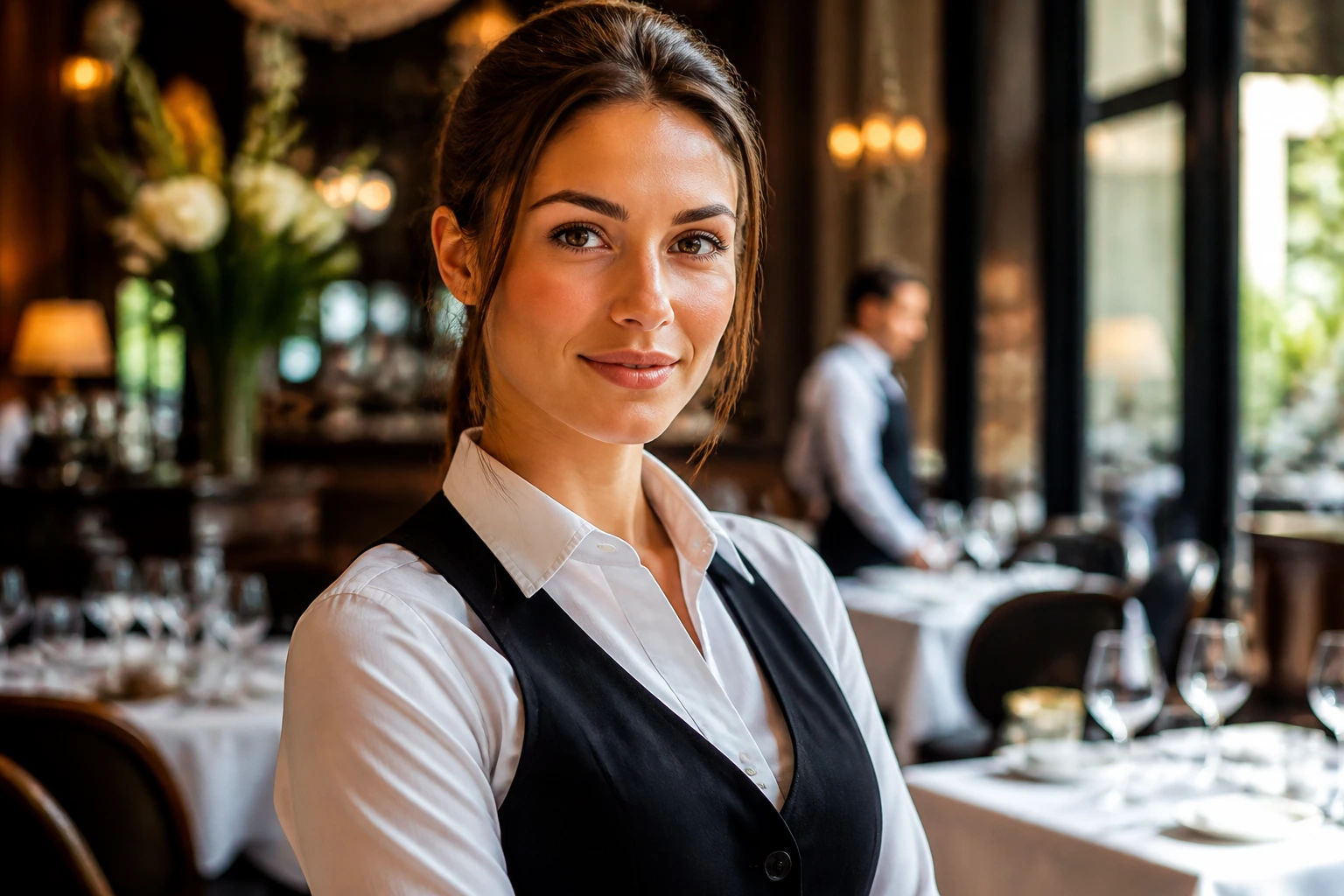 Close-up of a professional restaurant server in uniform in a fine-dining dining room