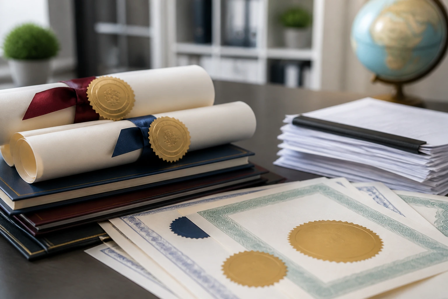 Close-up of diplomas and credential documents on a desk
