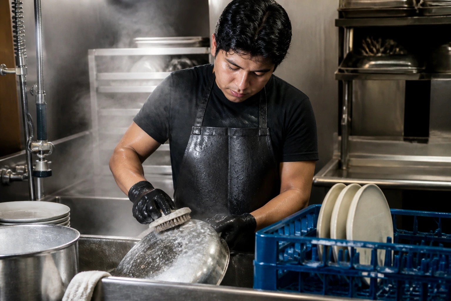 Close-up of a real dishwasher in a back-of-house dish pit with steam and stainless steel equipment