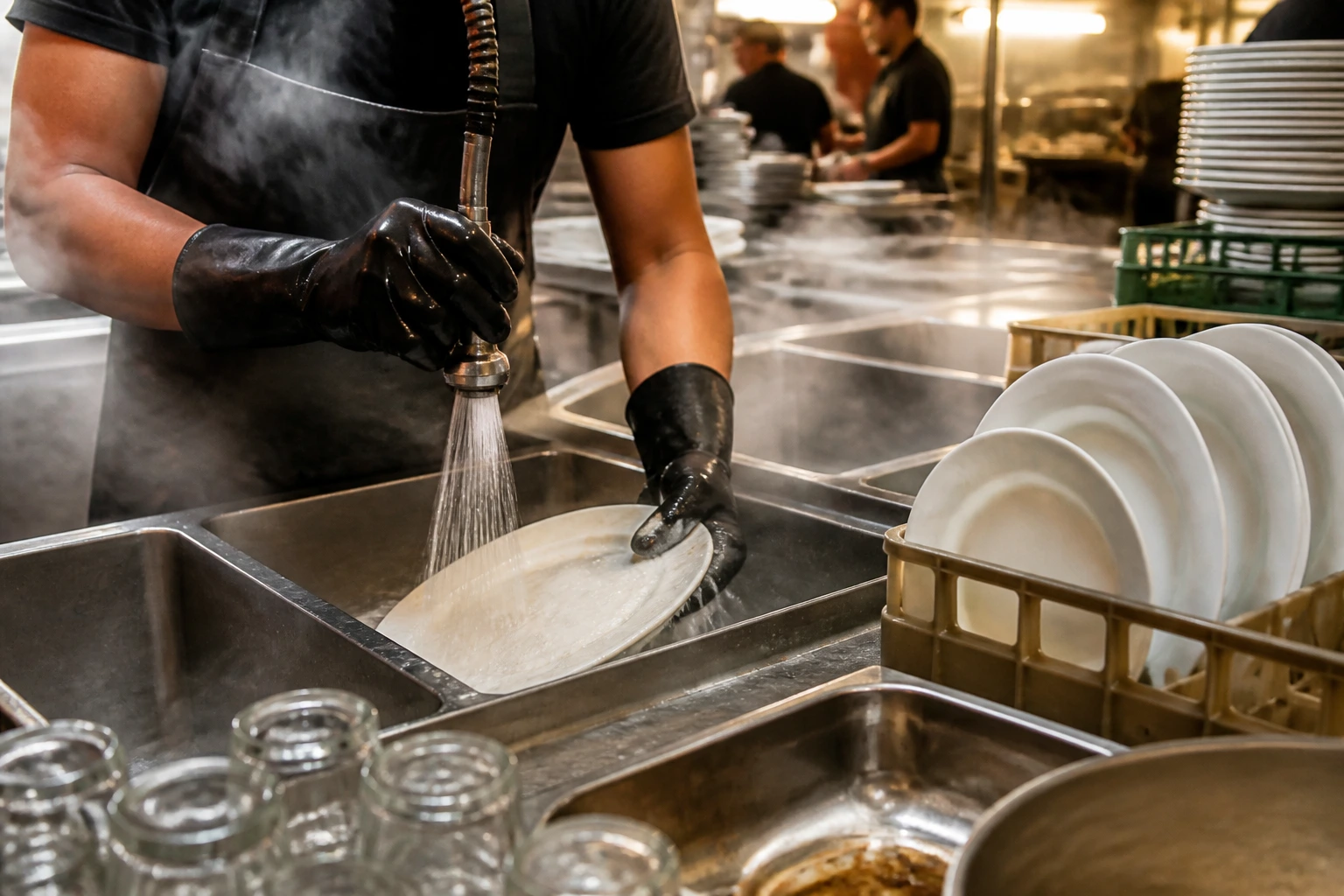 Dishwasher hands at work in busy dish pit during dinner rush, steam and sinks