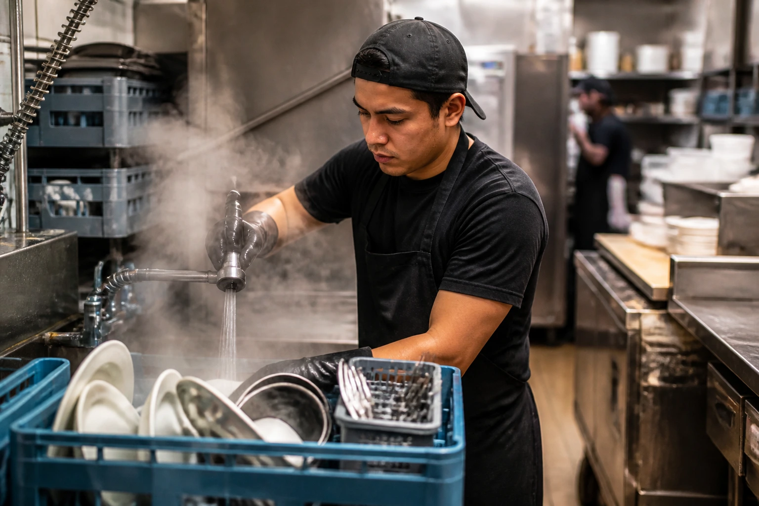 Dishwasher in a Canadian restaurant kitchen, illustrating offshore hiring needs