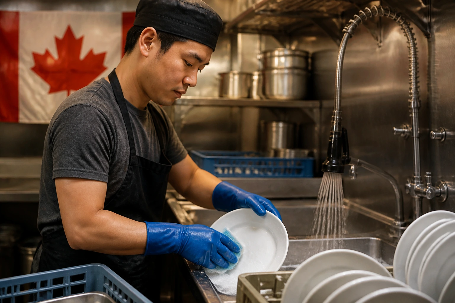 Dishwasher wearing gloves washing dishes in a restaurant kitchen.