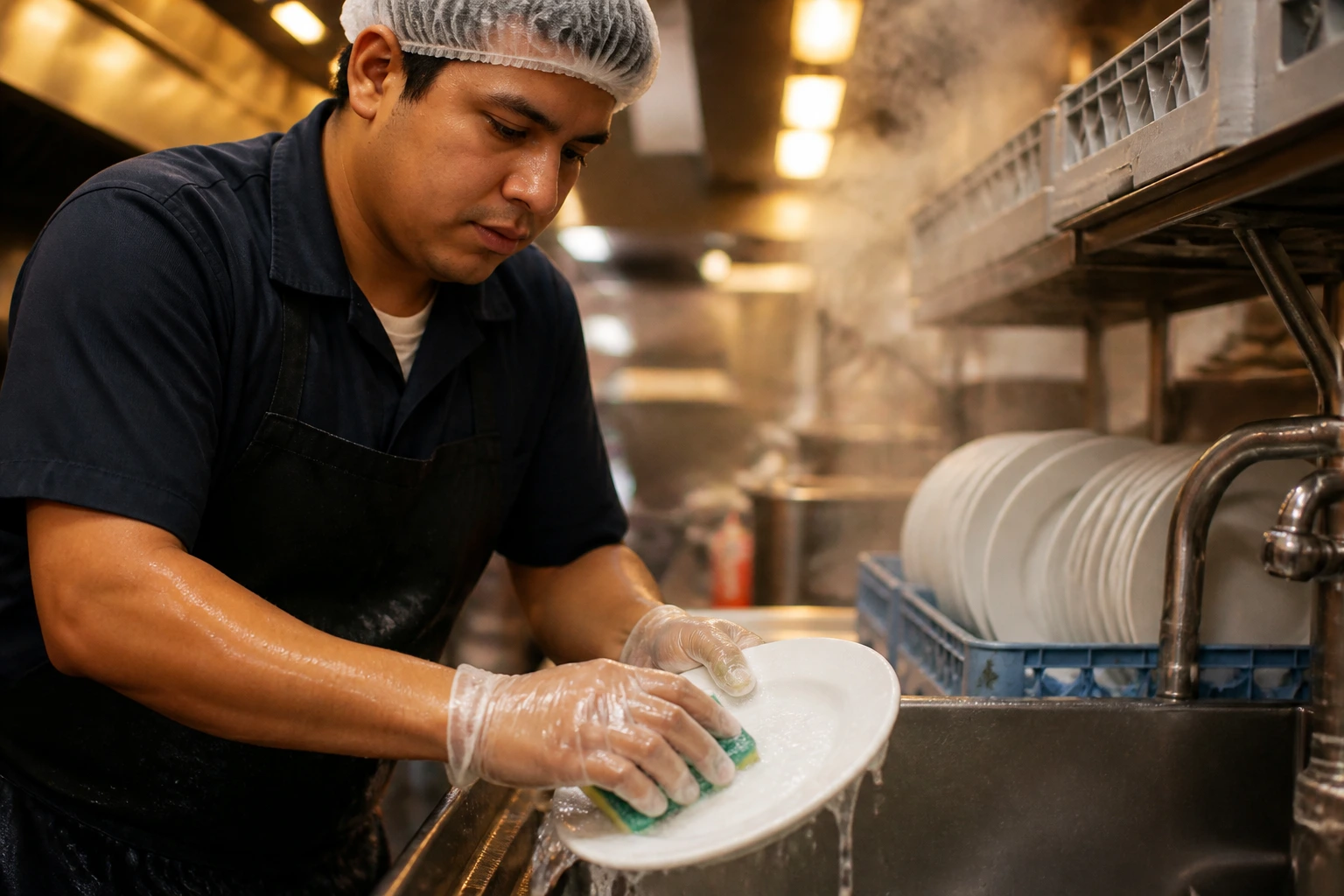 Close-up of a dishwasher scrubbing a plate in a stainless steel sink with steam and dish racks in the background