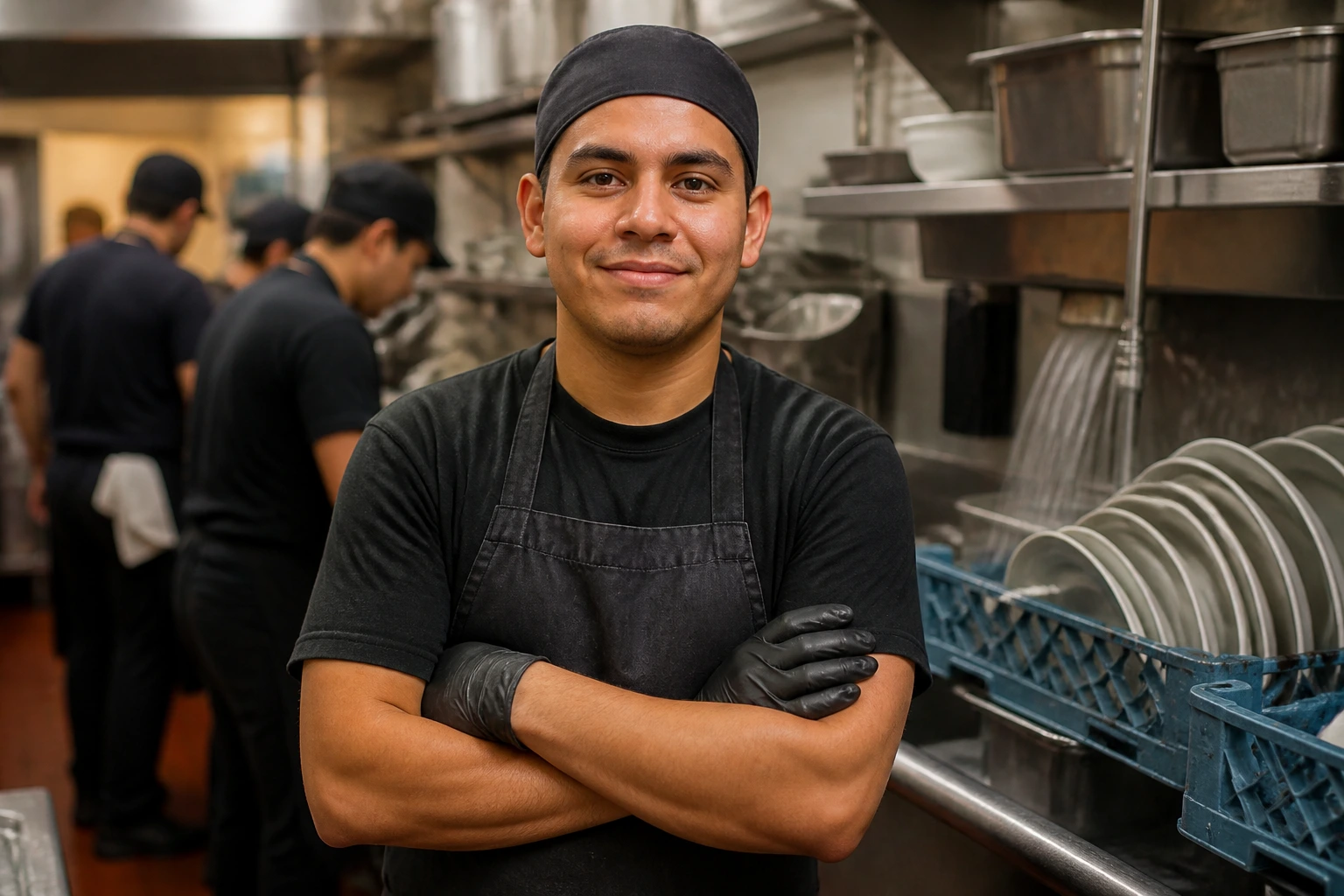 Confident dishwasher candidate in a busy kitchen