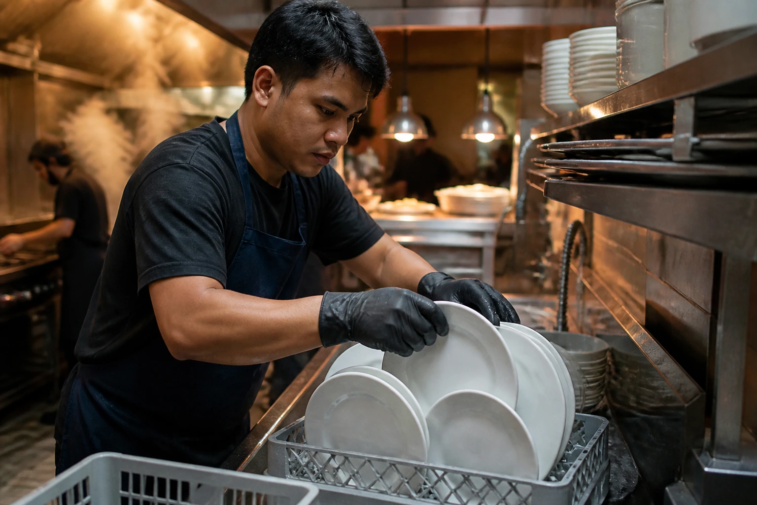 Close-up of a real dishwasher in a busy kitchen demonstrating speed and organization