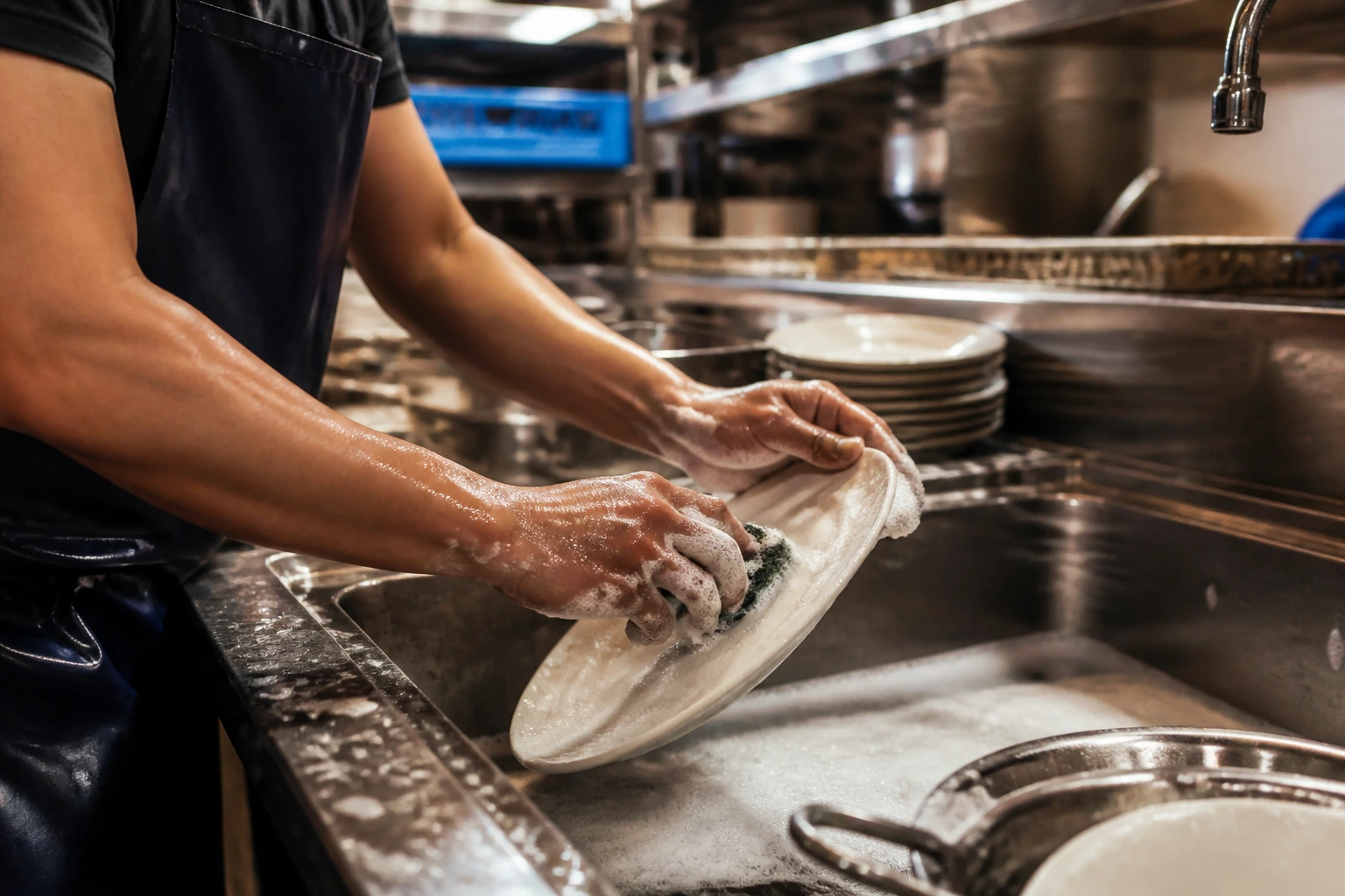 Close-up of hands washing dishes in a busy kitchen to symbolize sponsorship challenges for dishwasher roles in Australia